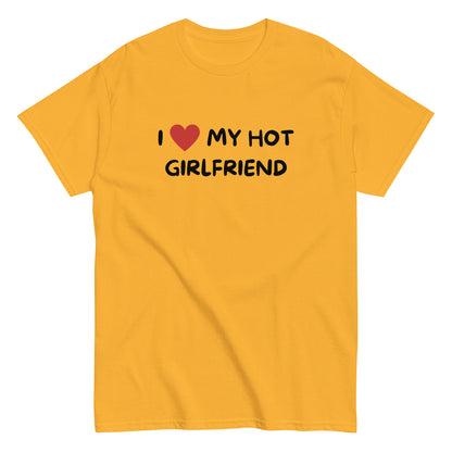 The I Love My Hot Girlfriend T-Shirt by FunnyDripStore features bold white lettering and a red heart on a purple shirt—a fun, standout choice for anyone who loves quirky and eye-catching clothing.