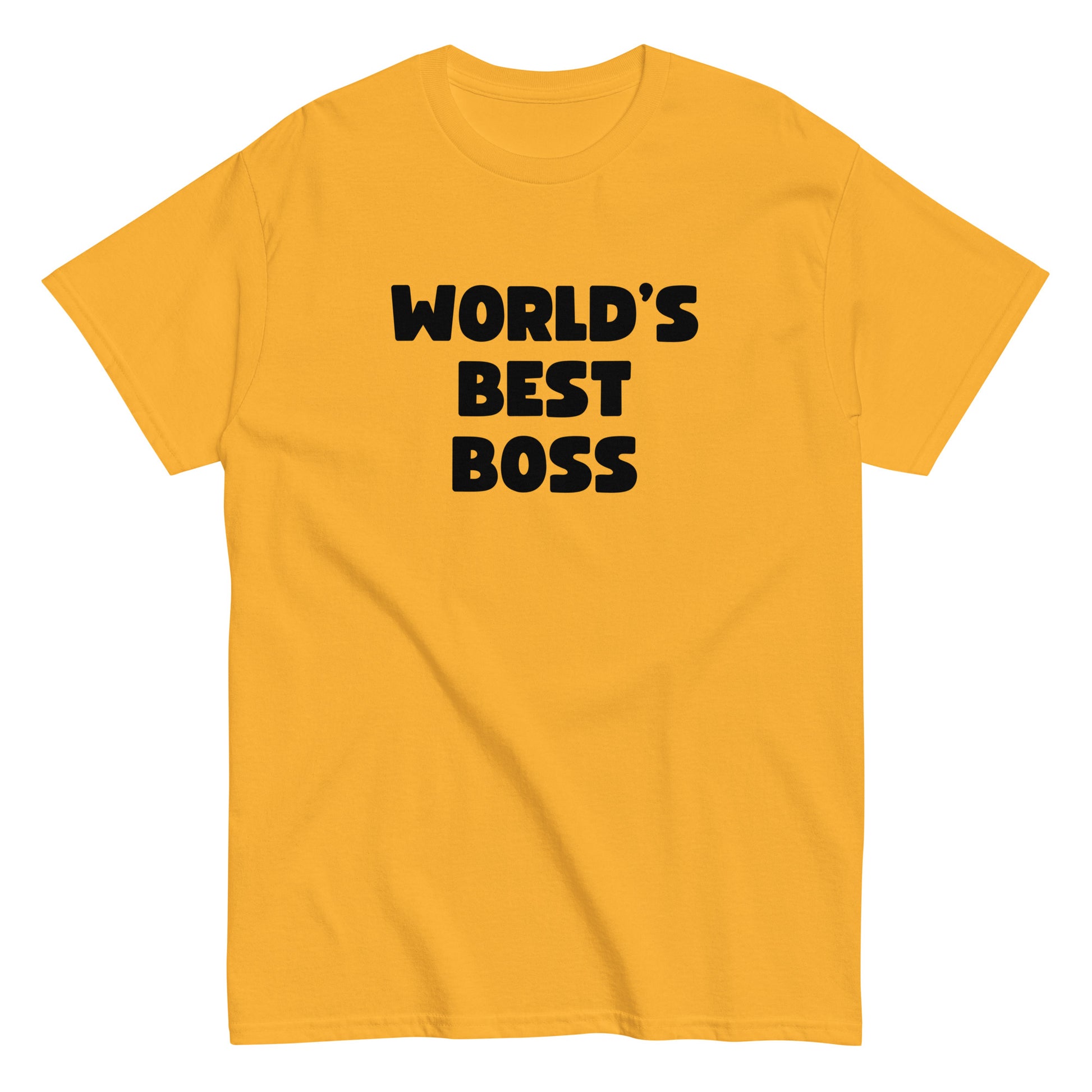 The Worlds Best Boss T-Shirt by FunnyDripStore features bold, white playful lettering on black—perfect as a funny shirt and must-have merch for fans of humorous style.