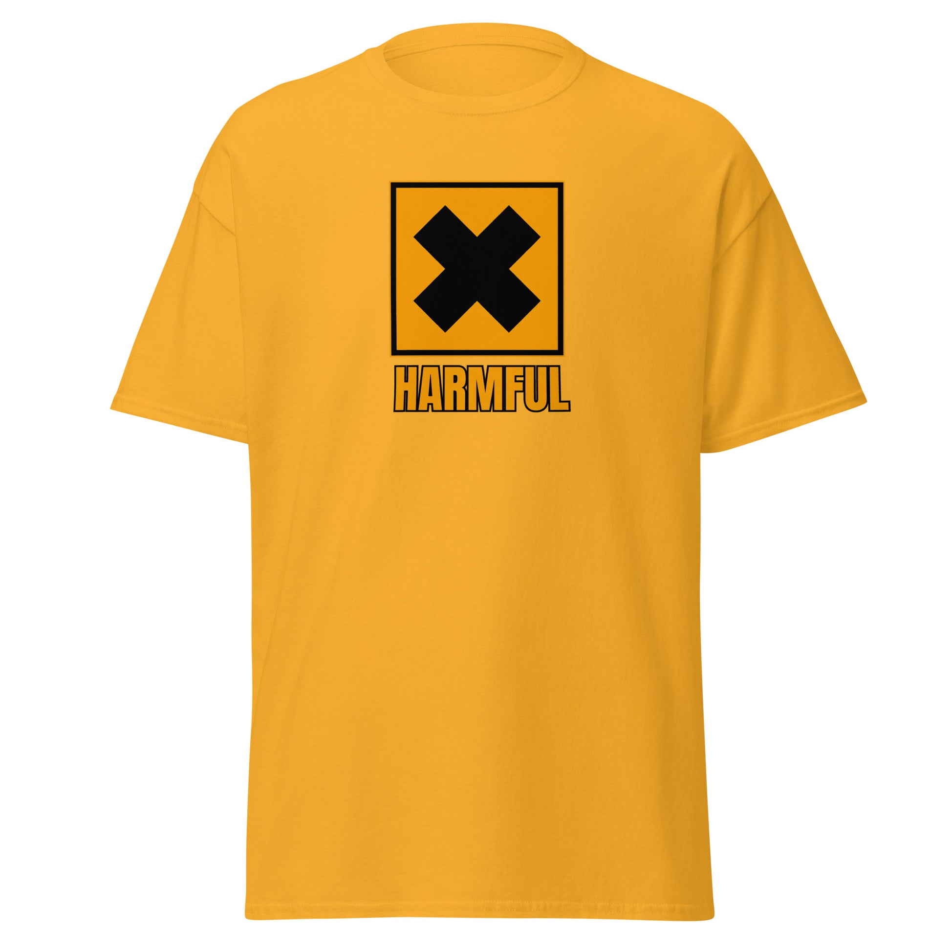 The Harmful T-Shirt by FunnyDripStore is a yellow meme shirt with a bold black X in a square above HARMFUL in black letters on the chest.