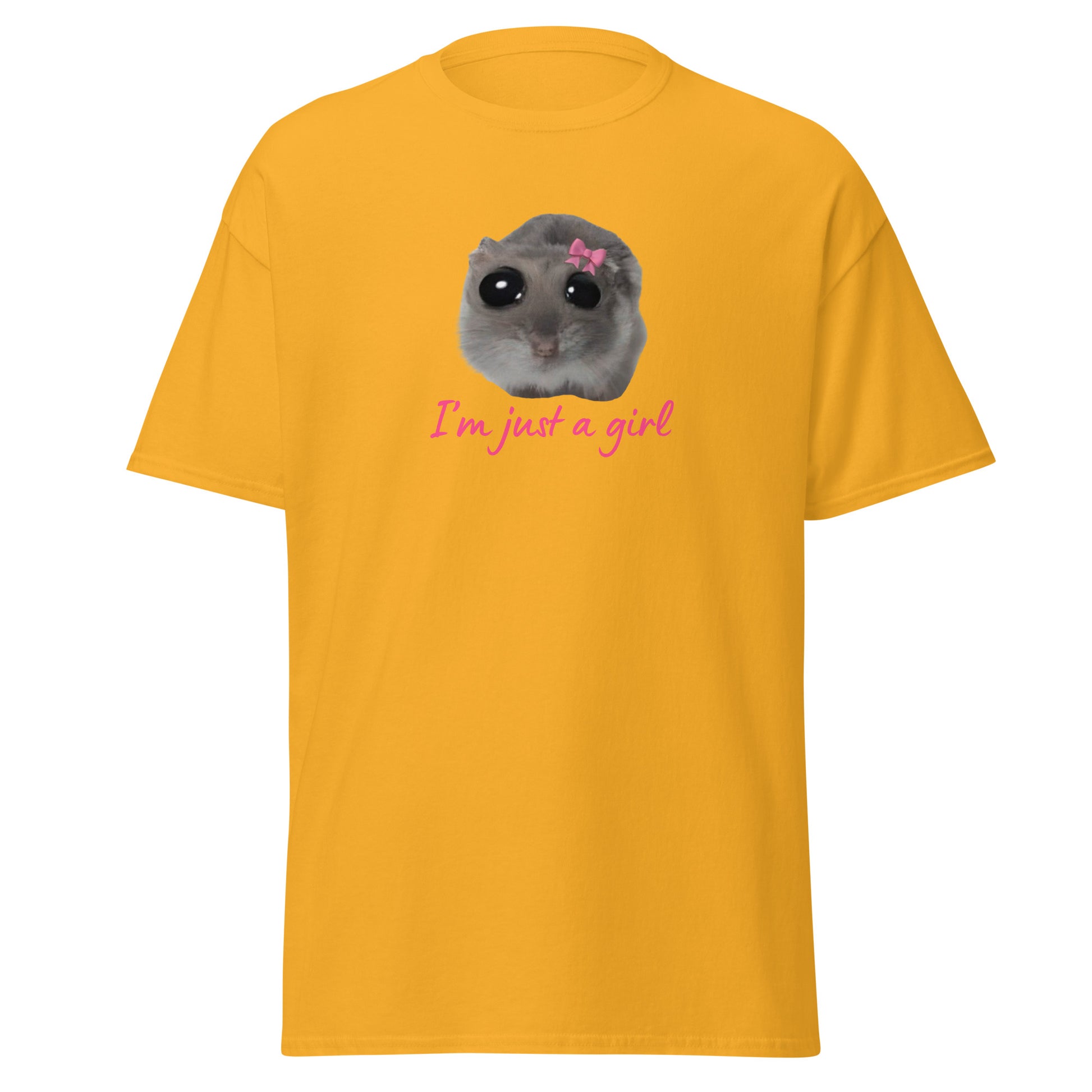 The Im Just A Girl T-Shirt from FunnyDripStore features a cute hamster with a pink bow and large eyes, plus “Im just a girl” in pink cursive—perfect for anyone who loves adorable, quirky text shirts.