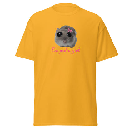 The Im Just A Girl T-Shirt from FunnyDripStore features a cute hamster with a pink bow and large eyes, plus “Im just a girl” in pink cursive—perfect for anyone who loves adorable, quirky text shirts.