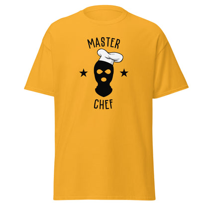 The Master Chef T-Shirt by FunnyDripStore features a black ski mask in a chef’s hat, two black stars, and bold “MASTER CHEF” text above and below the graphic.