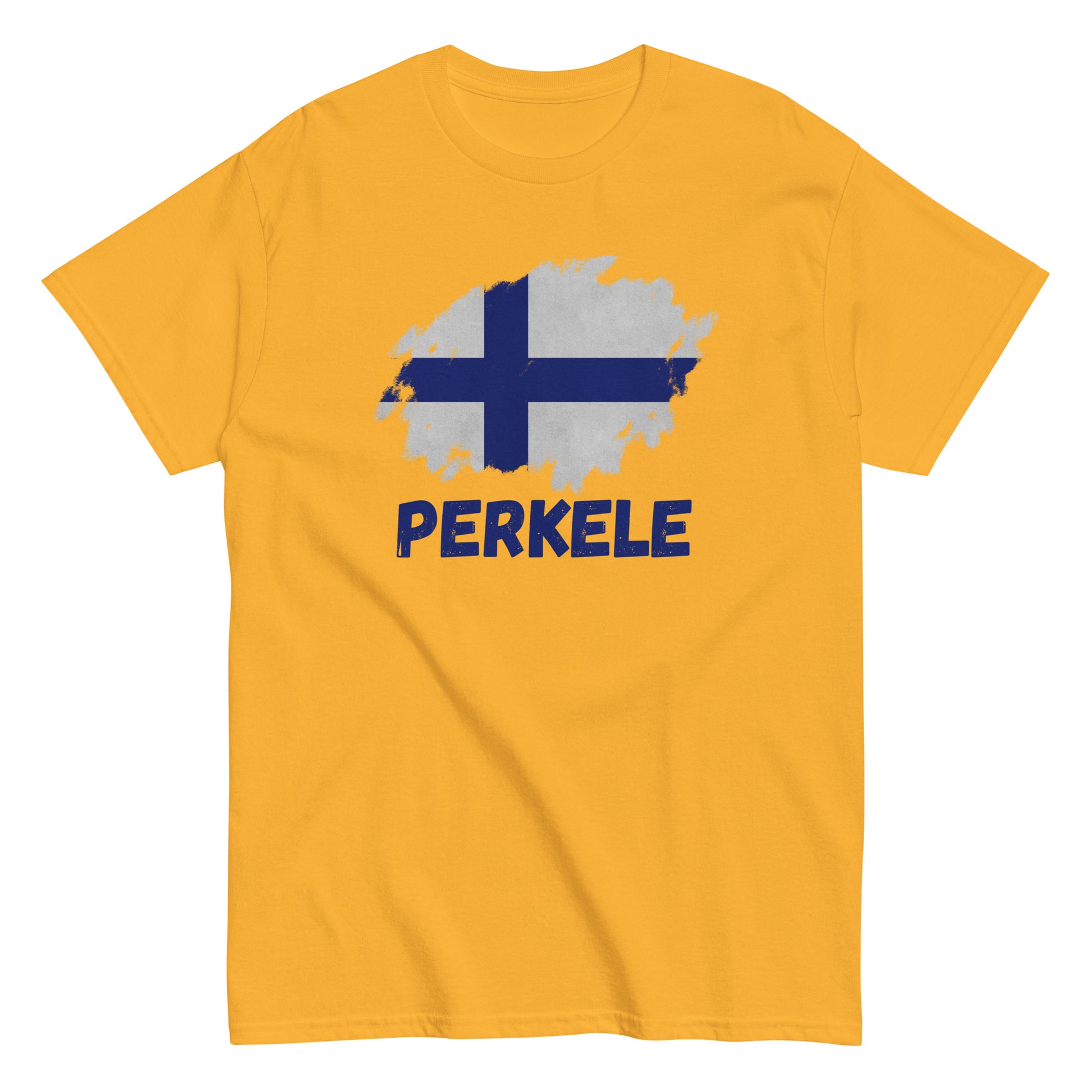 The Perkele T-Shirt by FunnyDripStore features a white design with a brushstroke Finnish flag above bold blue PERKELE text—a unique, funny tee for fans of quirky merch.