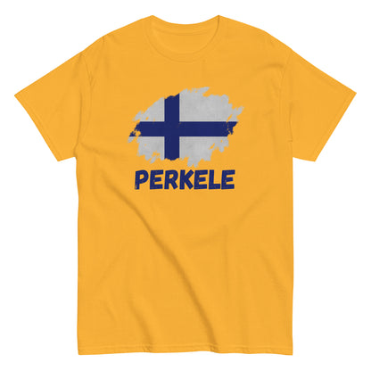The Perkele T-Shirt by FunnyDripStore features a white design with a brushstroke Finnish flag above bold blue PERKELE text—a unique, funny tee for fans of quirky merch.