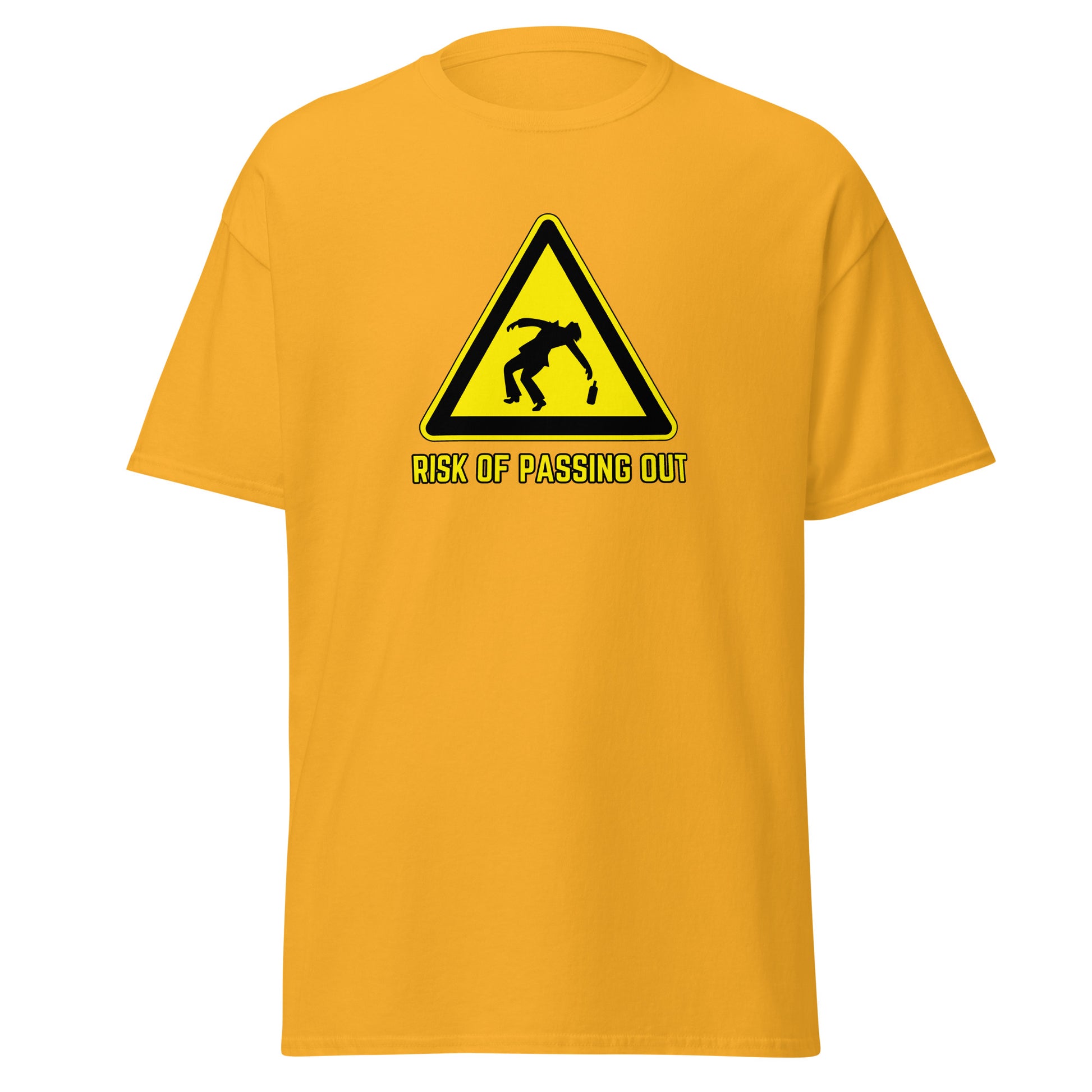 The Risk Of Passing Out T-Shirt by FunnyDripStore is a black tee with a yellow warning sign and “RISK OF PASSING OUT” text—a perfect meme shirt for fans of bold, humorous style.