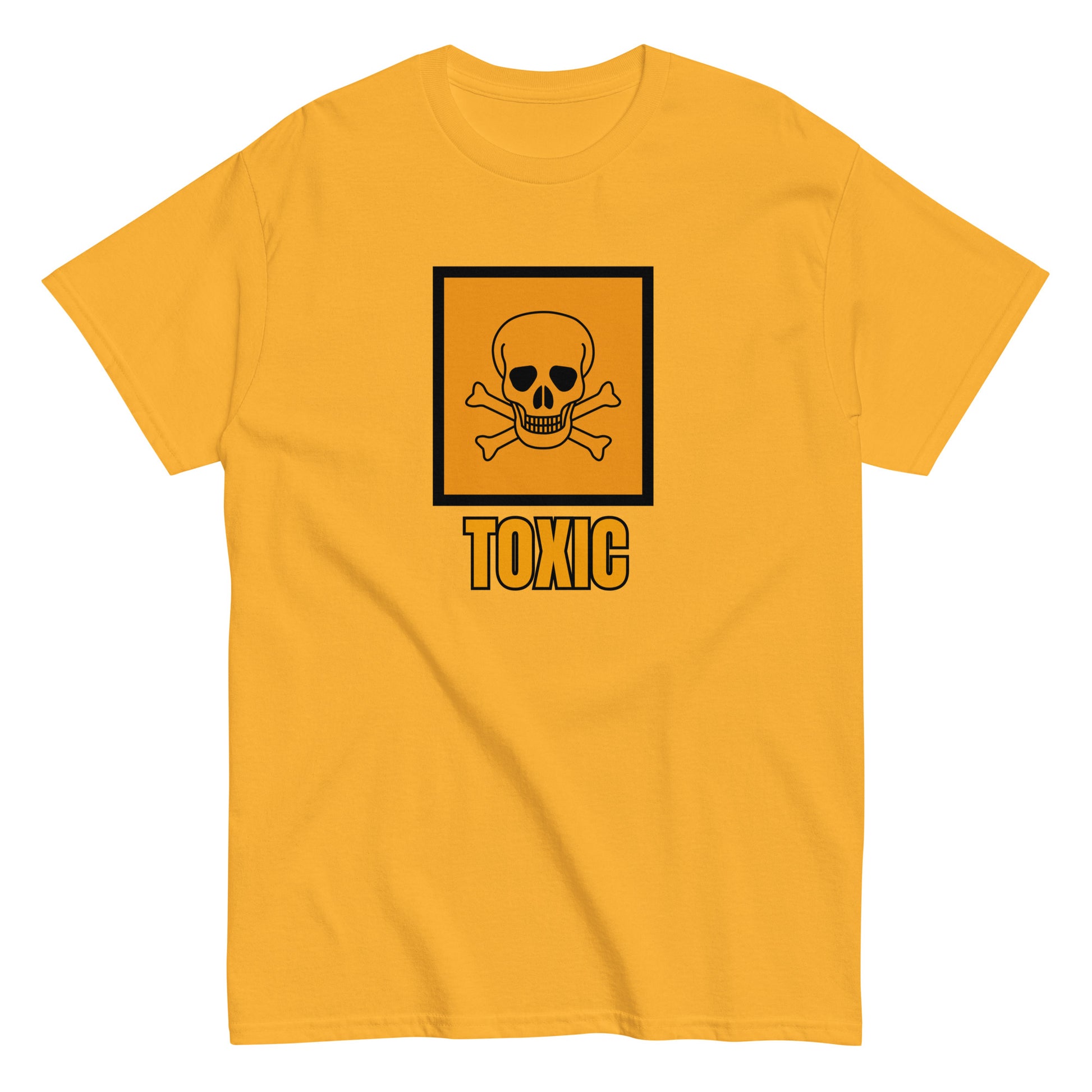 The FunnyDripStore Toxic T-Shirt features a bold yellow square with a black skull and crossbones above TOXIC in yellow on the front. This black meme shirt is perfect for those who love humorous clothing.