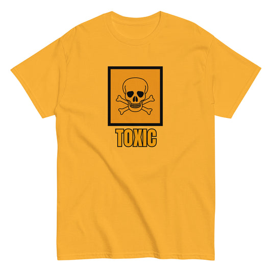 The FunnyDripStore Toxic T-Shirt features a bold yellow square with a black skull and crossbones above TOXIC in yellow on the front. This black meme shirt is perfect for those who love humorous clothing.