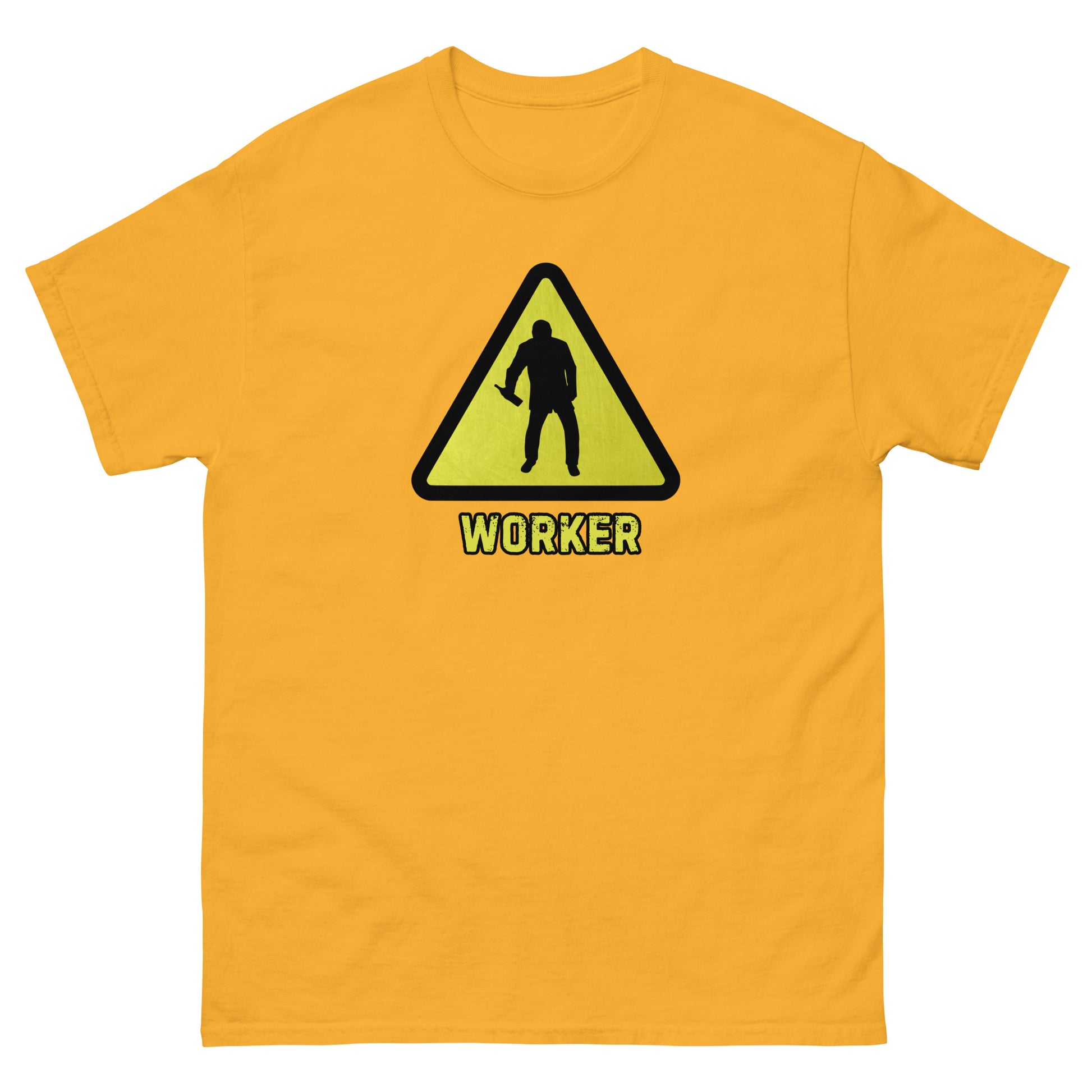 The Worker T-Shirt by FunnyDripStore features a yellow triangular warning sign with a worker silhouette and bold yellow WORKER text on black—a funny shirt for anyone who enjoys meme apparel and humorous graphic tees.