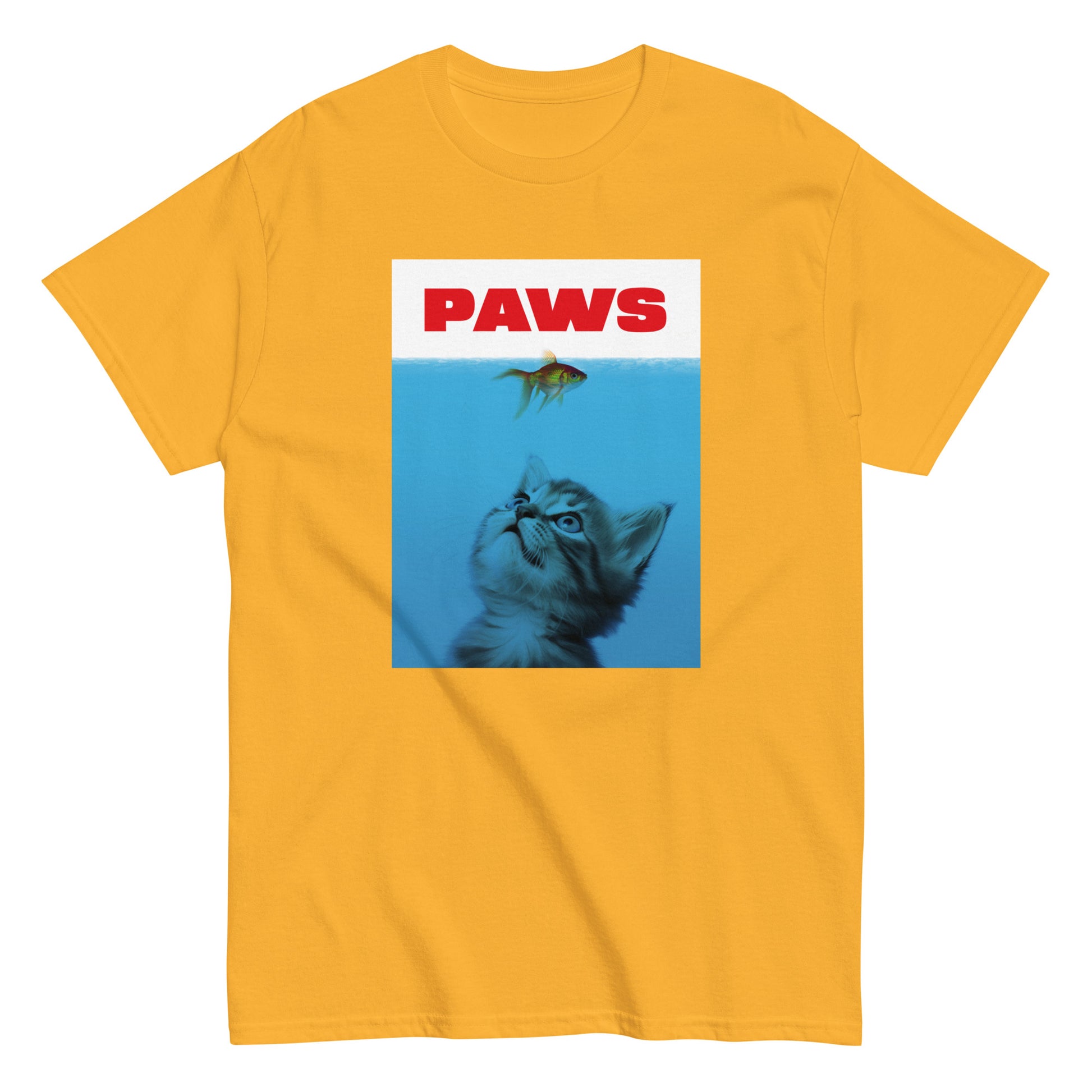 The Paws T-Shirt by FunnyDripStore features a kitten underwater eyeing a goldfish, with PAWS in bold red— a humorous meme shirt parodying the classic Jaws poster.