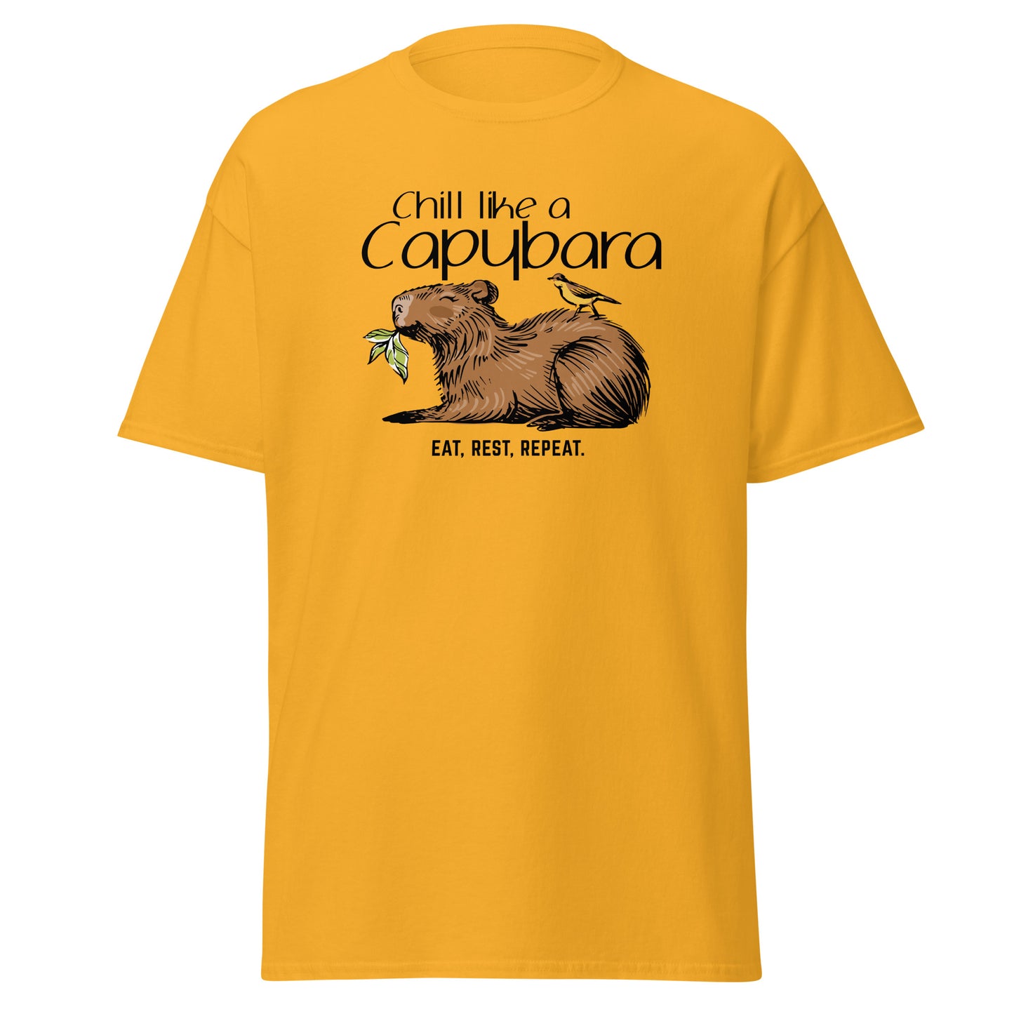 Chill Like A Capybara T-Shirt by FunnyDripStore: White tee with a relaxed capybara and bird eating a leaf, captioned “Chill like a Capybara” above and “Eat, rest, repeat” below. Perfect funny shirt for laid-back meme lovers!.