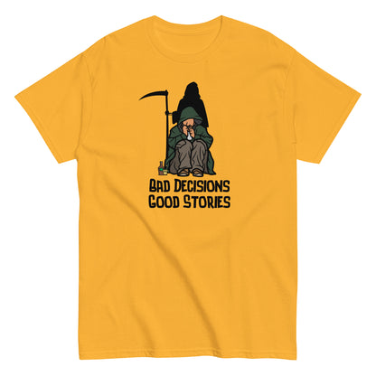 The FunnyDripStore Bad Decisions Good Stories T-Shirt is a white tee featuring a cartoon Grim Reaper with a drink and cigarette, plus bold text—perfect for fans of witty and funny style.