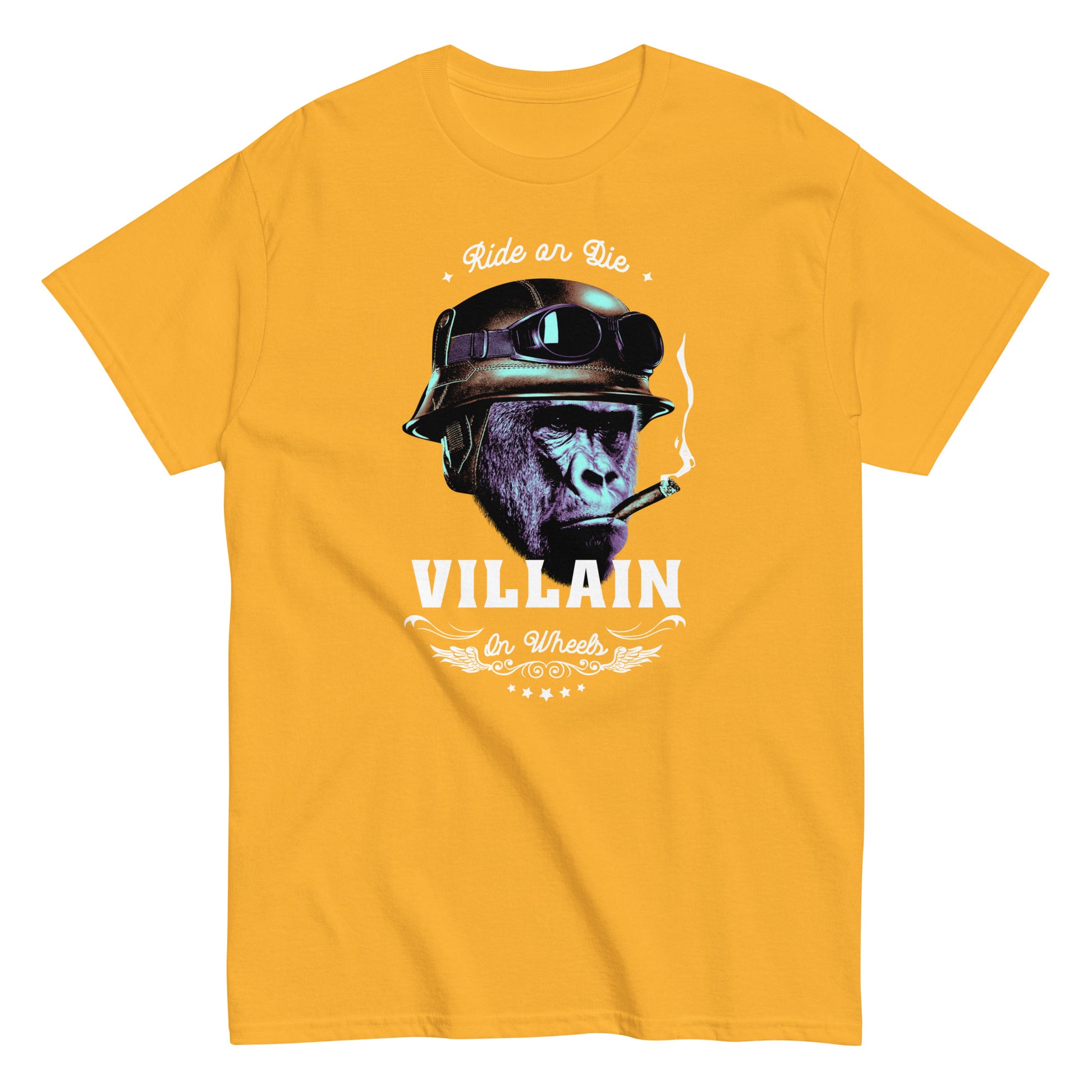The Villain T-Shirt by FunnyDripStore features a gorilla in a helmet and goggles, smoking a cigarette, with Ride or Die above and Villain on Wheels below. This bold black tee is perfect for fans of unique, funny clothing.