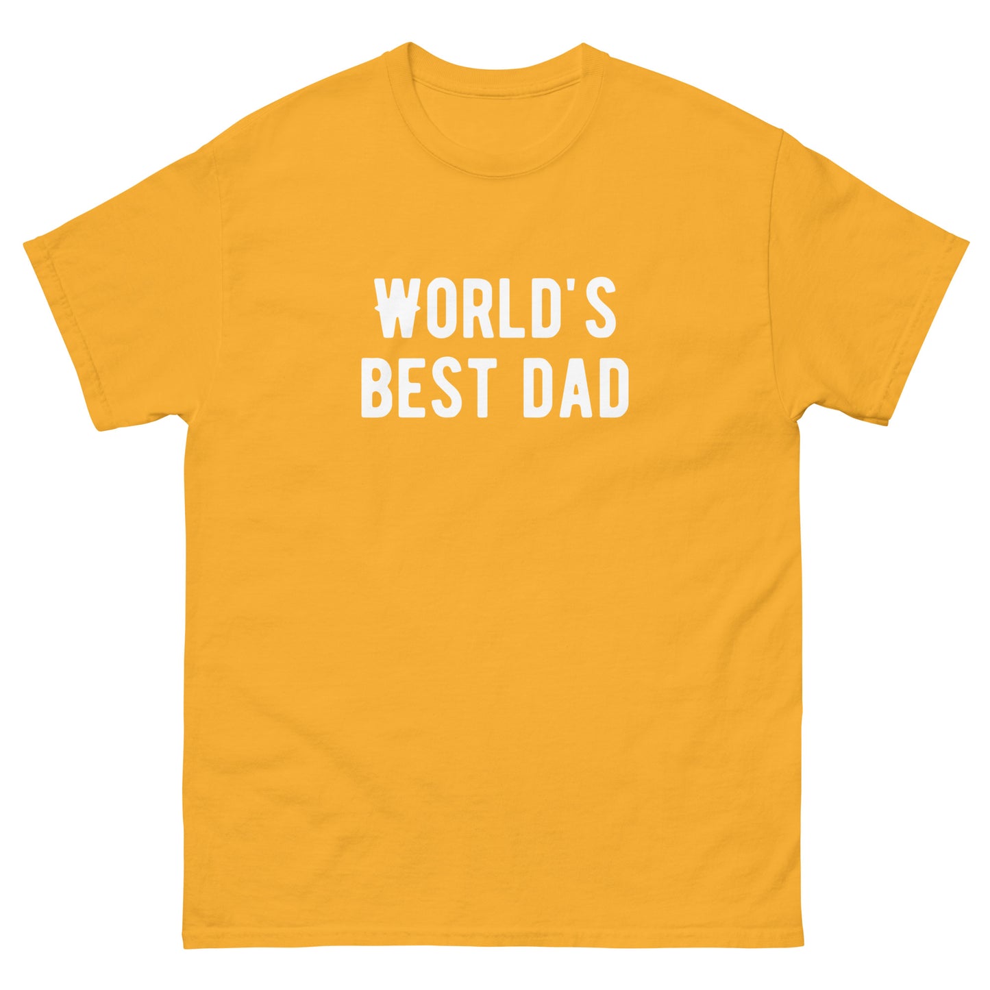 The FunnyDripStore Worlds Best Dad T-Shirt in navy features WORLDS BEST DAD in bold white letters, with the W styled as a mustache—a funny, unique gift for dads who love humorous clothing.