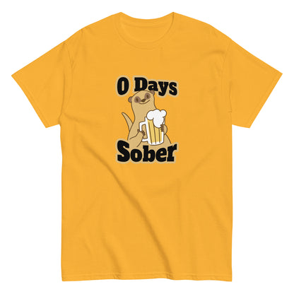 The 0 Days Sober T-Shirt by FunnyDripStore features a cartoon meerkat with a beer mug and bold 0 Days Sober text, printed on a navy shirt—ideal quirky, funny clothing for fans of humorous style.