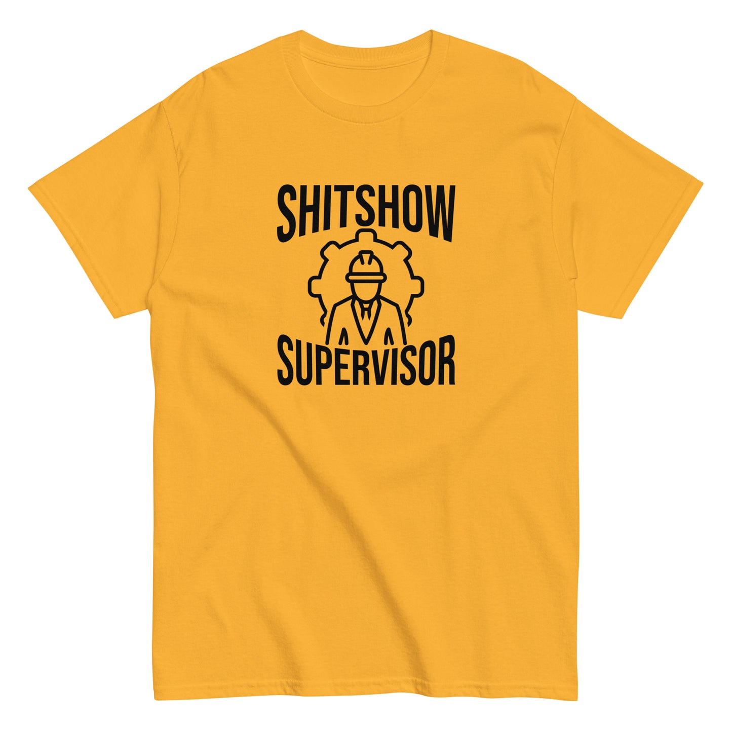 The Shitshow Supervisor T-Shirt by FunnyDripStore features “SHITSHOW SUPERVISOR” in white and a supervisor line drawing—perfect funny merch for meme lovers seeking humor tees.