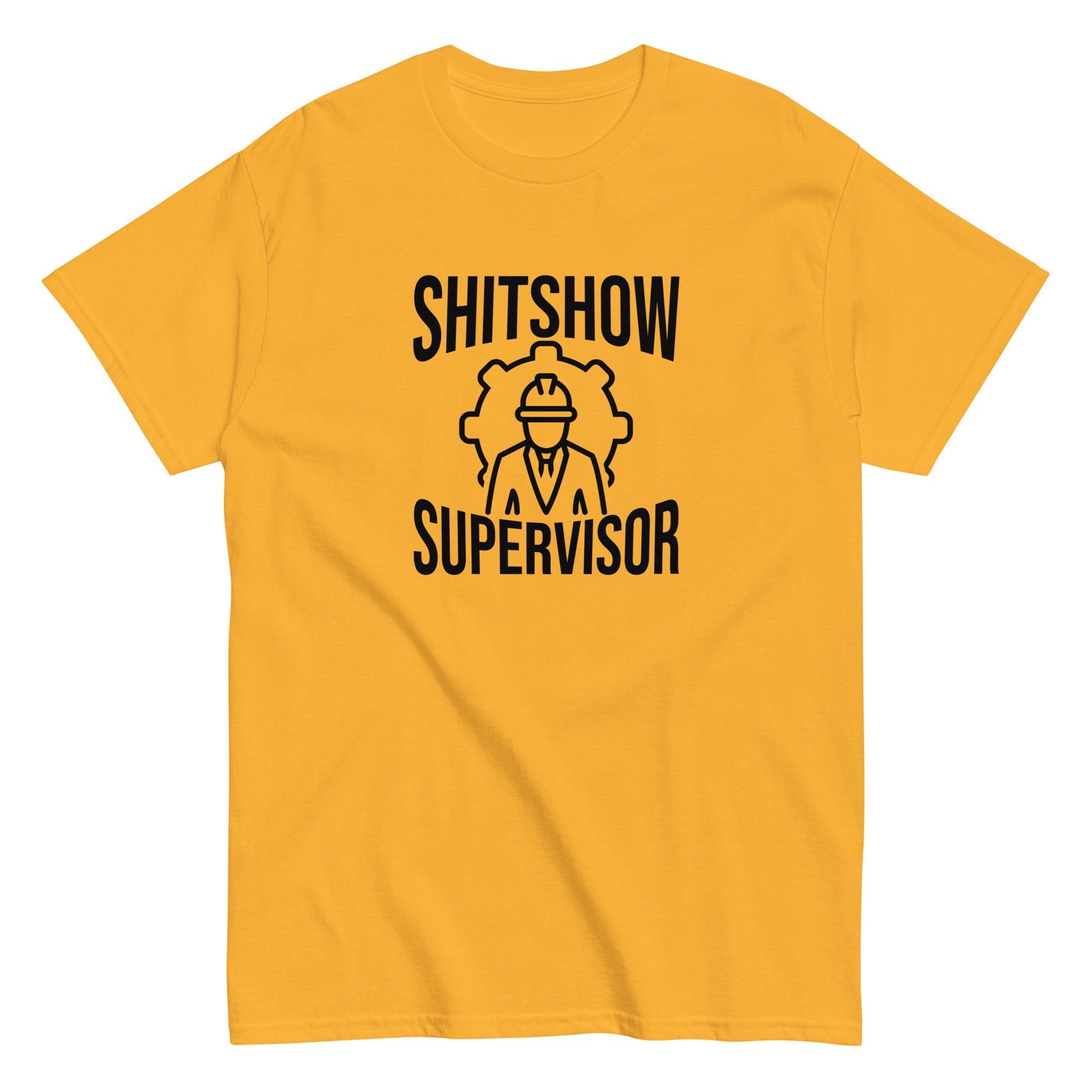 The Shitshow Supervisor T-Shirt by FunnyDripStore features “SHITSHOW SUPERVISOR” in white and a supervisor line drawing—perfect funny merch for meme lovers seeking humor tees.