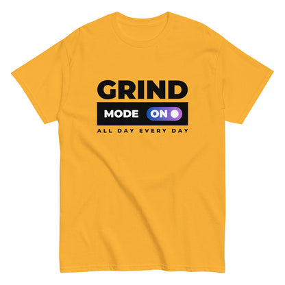 The Grind Mode On T-Shirt by FunnyDripStore features bold black GRIND MODE text with a purple ON switch icon on white. Below, ALL DAY EVERY DAY appears in smaller black text—a fun pick for nonstop hustlers.