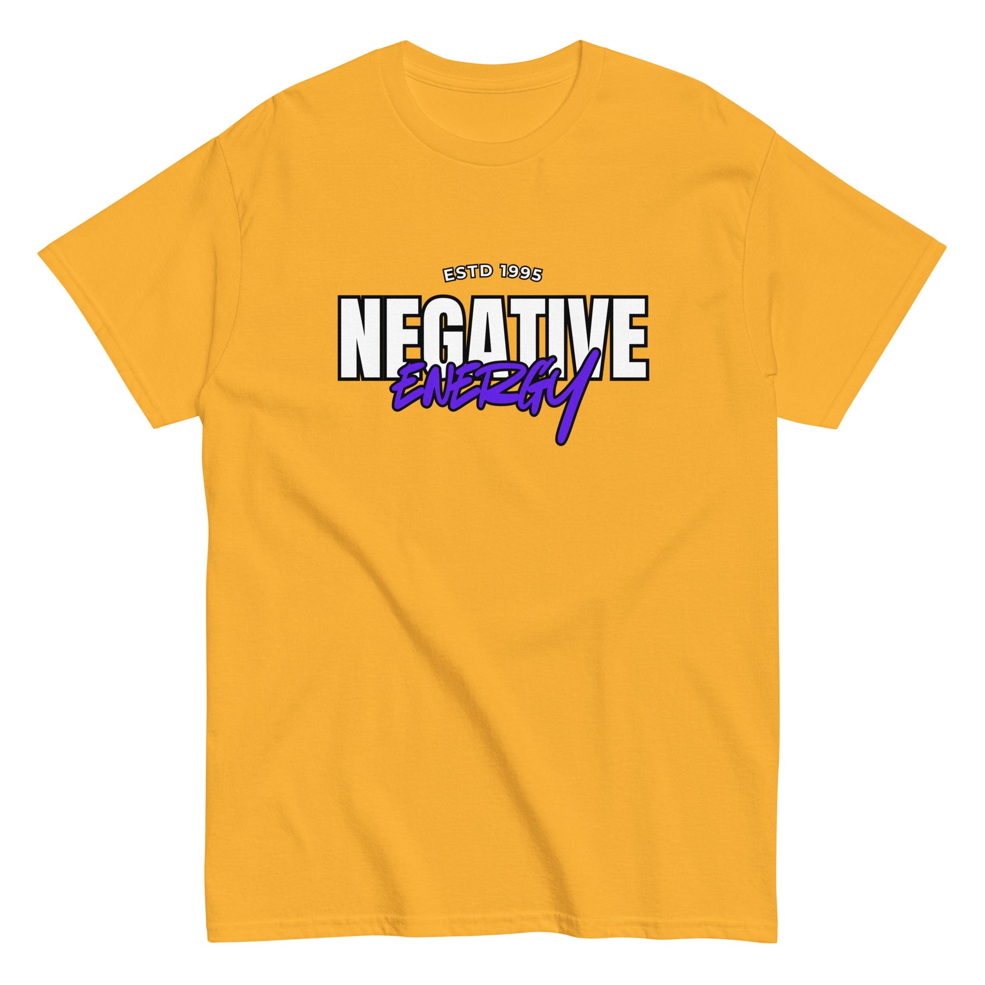 The Negative Energy T-Shirt by FunnyDripStore is a white tee featuring bold black and purple ESTD 1996 NEGATIVE ENERGY lettering—perfect for fans of witty, playful merch.