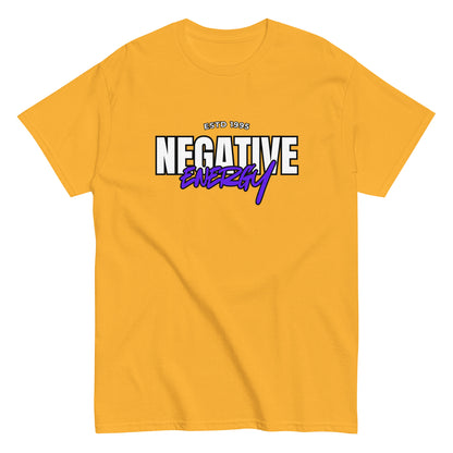 The Negative Energy T-Shirt by FunnyDripStore is a white tee featuring bold black and purple ESTD 1996 NEGATIVE ENERGY lettering—perfect for fans of witty, playful merch.