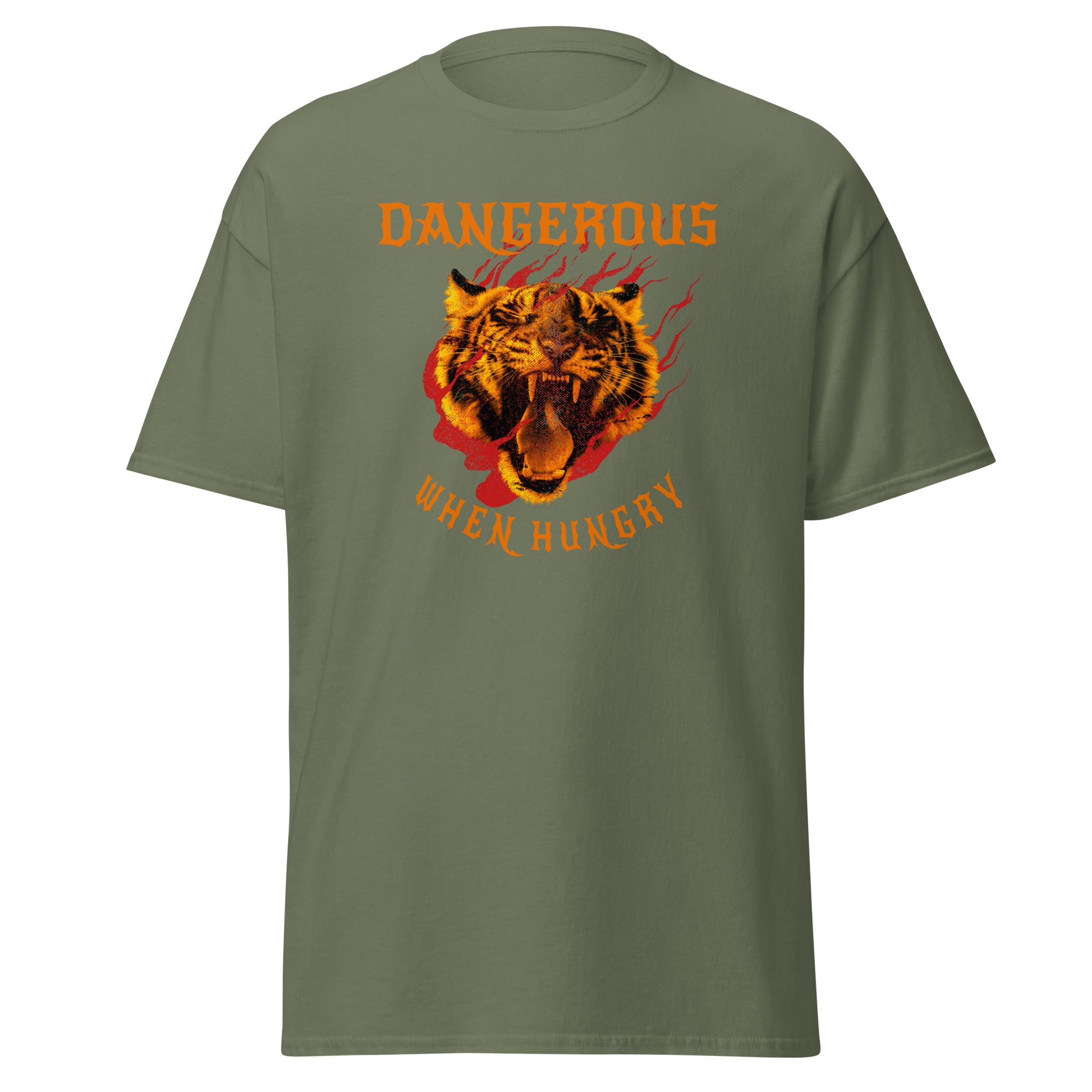 The Dangerous When Hungry T-Shirt by FunnyDripStore features a bold tiger head with flames and yellow-orange text reading DANGEROUS above and WHEN HUNGRY below—perfect for anyone who loves funny, eye-catching style.
