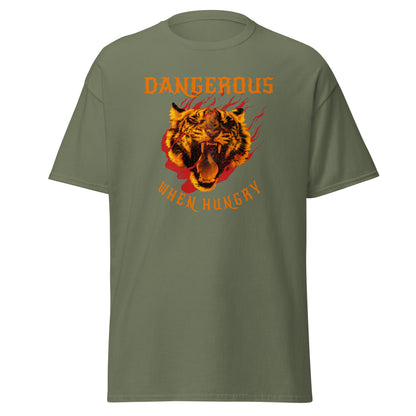 The Dangerous When Hungry T-Shirt by FunnyDripStore features a bold tiger head with flames and yellow-orange text reading DANGEROUS above and WHEN HUNGRY below—perfect for anyone who loves funny, eye-catching style.