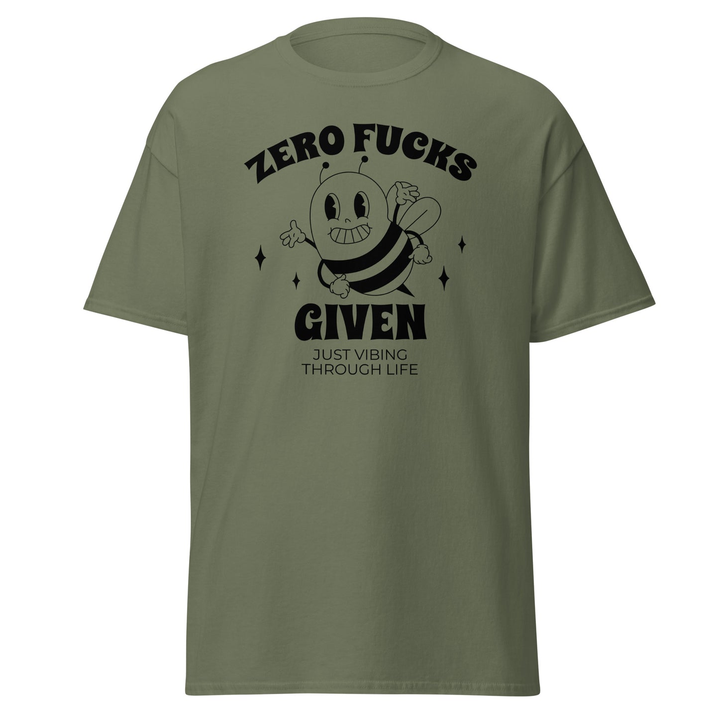 The Zero F*cks Given T-Shirt by FunnyDripStore features a smiling cartoon bee with raised arms, black sparkles, and ZERO F*CKS GIVEN plus JUST VIBING THROUGH LIFE—a perfect funny shirt for meme lovers.