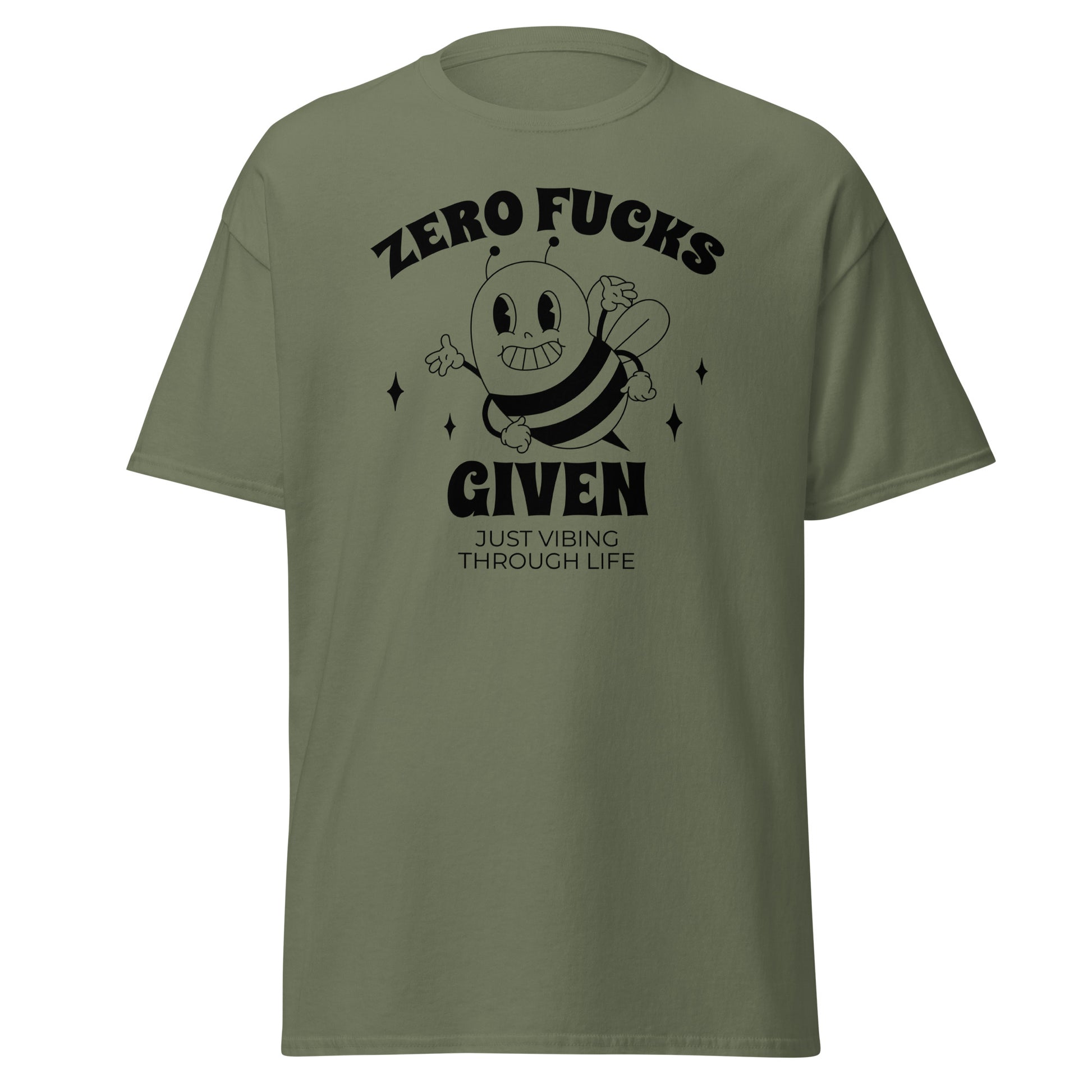 The Zero F*cks Given T-Shirt by FunnyDripStore features a smiling cartoon bee with raised arms, black sparkles, and ZERO F*CKS GIVEN plus JUST VIBING THROUGH LIFE—a perfect funny shirt for meme lovers.