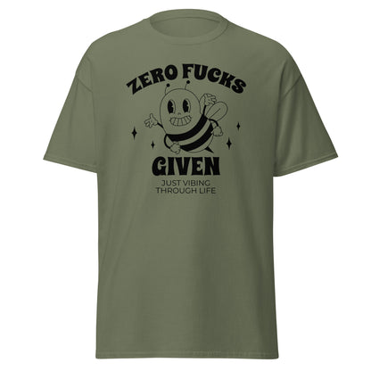 The Zero F*cks Given T-Shirt by FunnyDripStore features a smiling cartoon bee with raised arms, black sparkles, and ZERO F*CKS GIVEN plus JUST VIBING THROUGH LIFE—a perfect funny shirt for meme lovers.