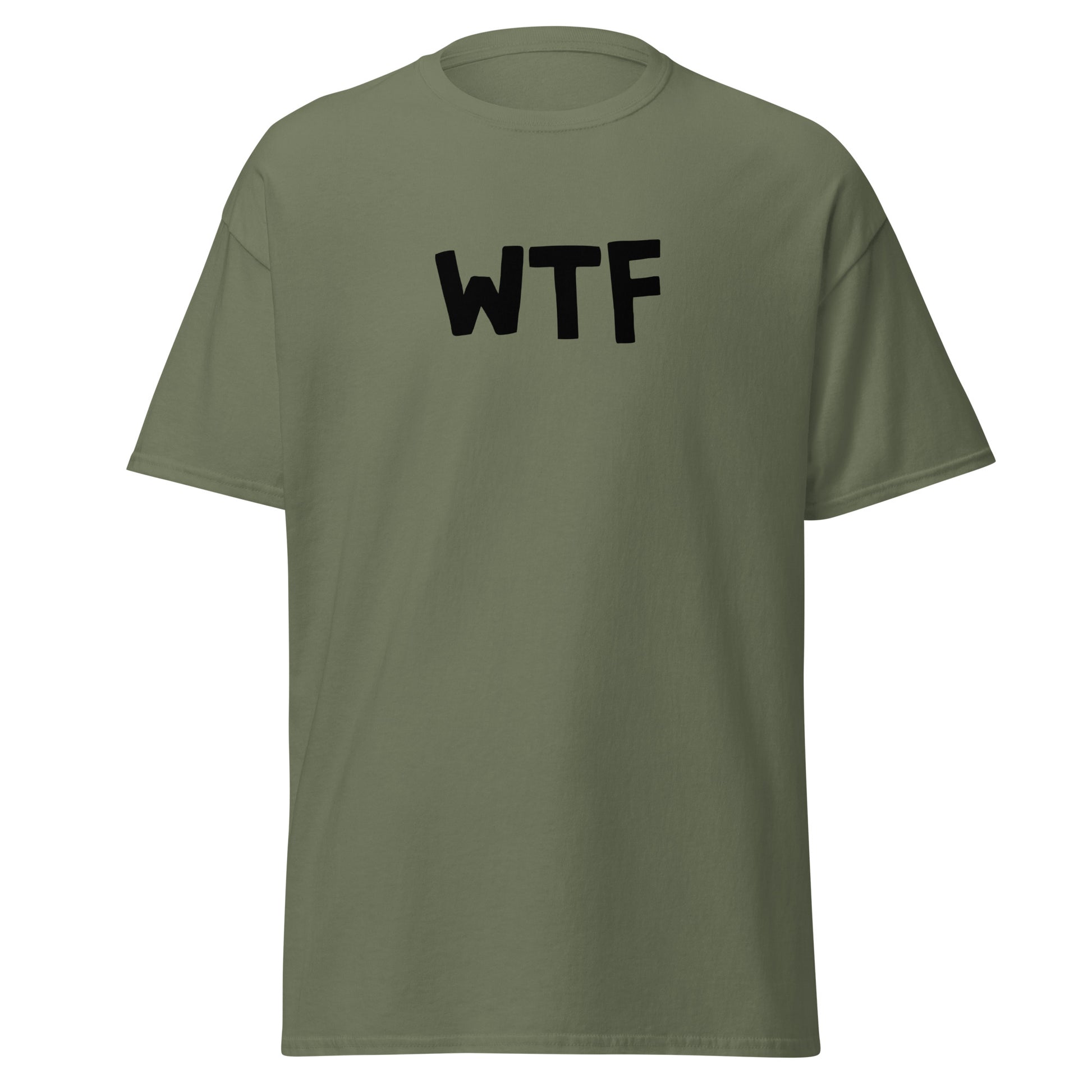 The WTF T-Shirt by FunnyDripStore is a black meme tee with bold, white, cartoon-style WTF lettering—ideal for anyone who loves wearing a funny t-shirt with attitude.