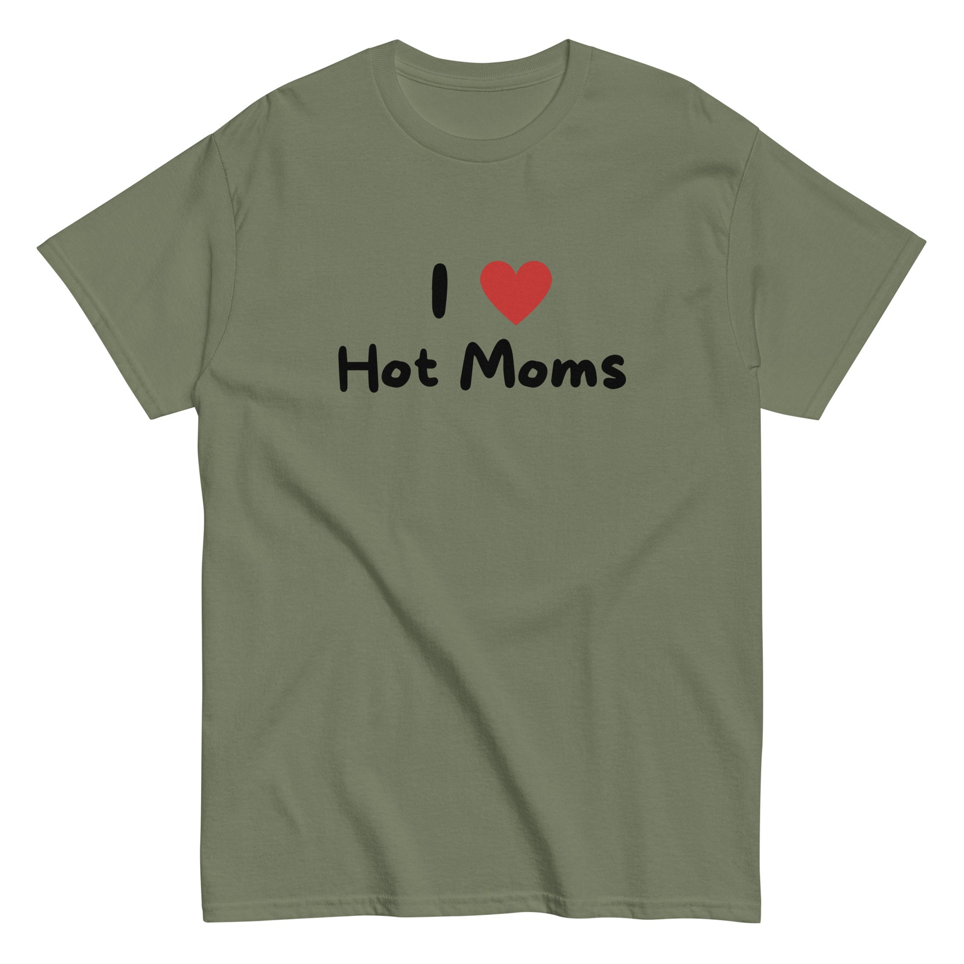 The I Love Hot Moms T-Shirt by FunnyDripStore is a purple tee featuring I [heart] Hot Moms in white text with a red heart—a playful, funny shirt perfect for your collection.