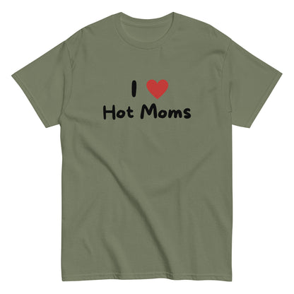 The I Love Hot Moms T-Shirt by FunnyDripStore is a purple tee featuring I [heart] Hot Moms in white text with a red heart—a playful, funny shirt perfect for your collection.