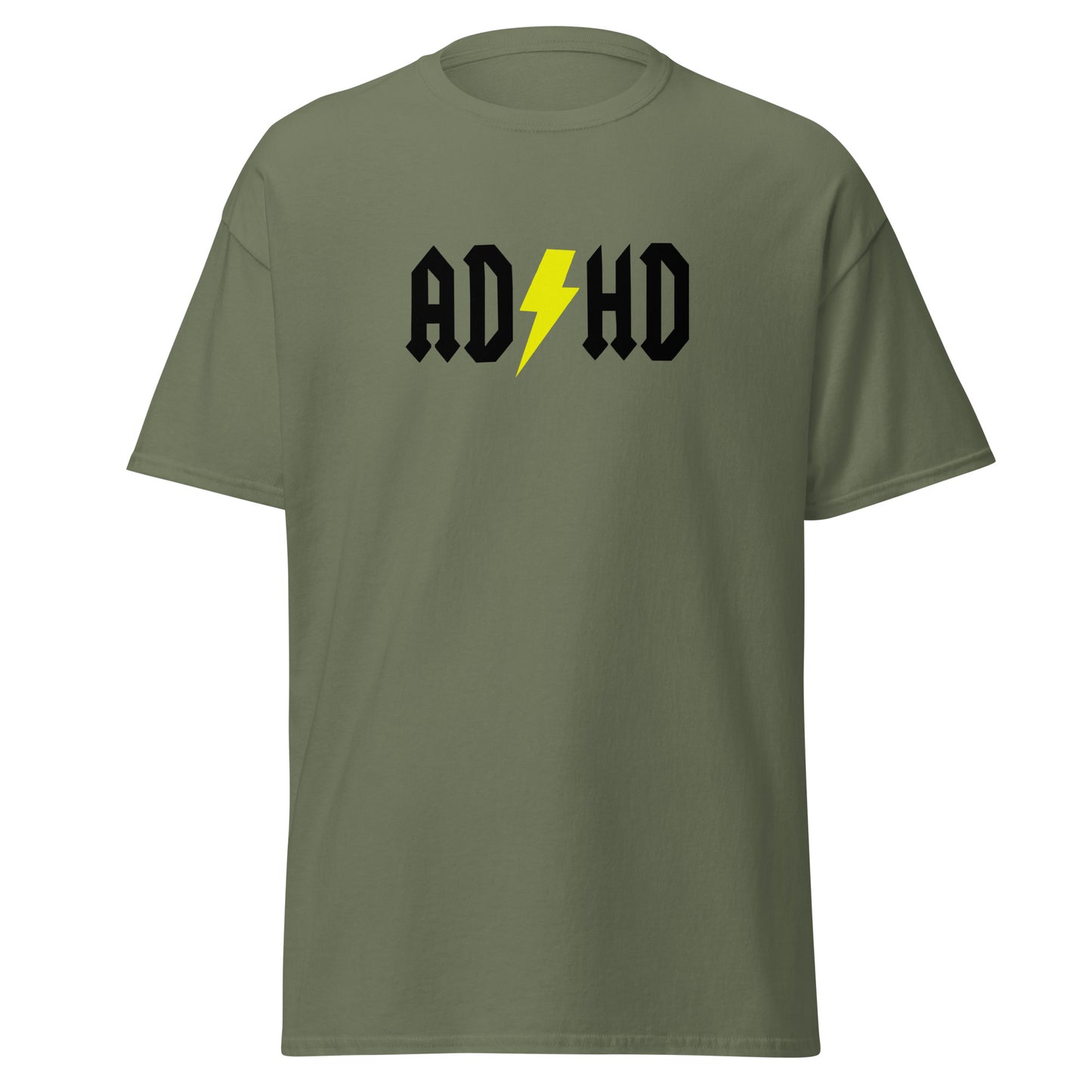 The ADHD T-Shirt by FunnyDripStore features ADHD in bold white letters with a yellow lightning bolt as the second H, styled like the AC/DC logo—a great gift for anyone who loves funny graphic tees.