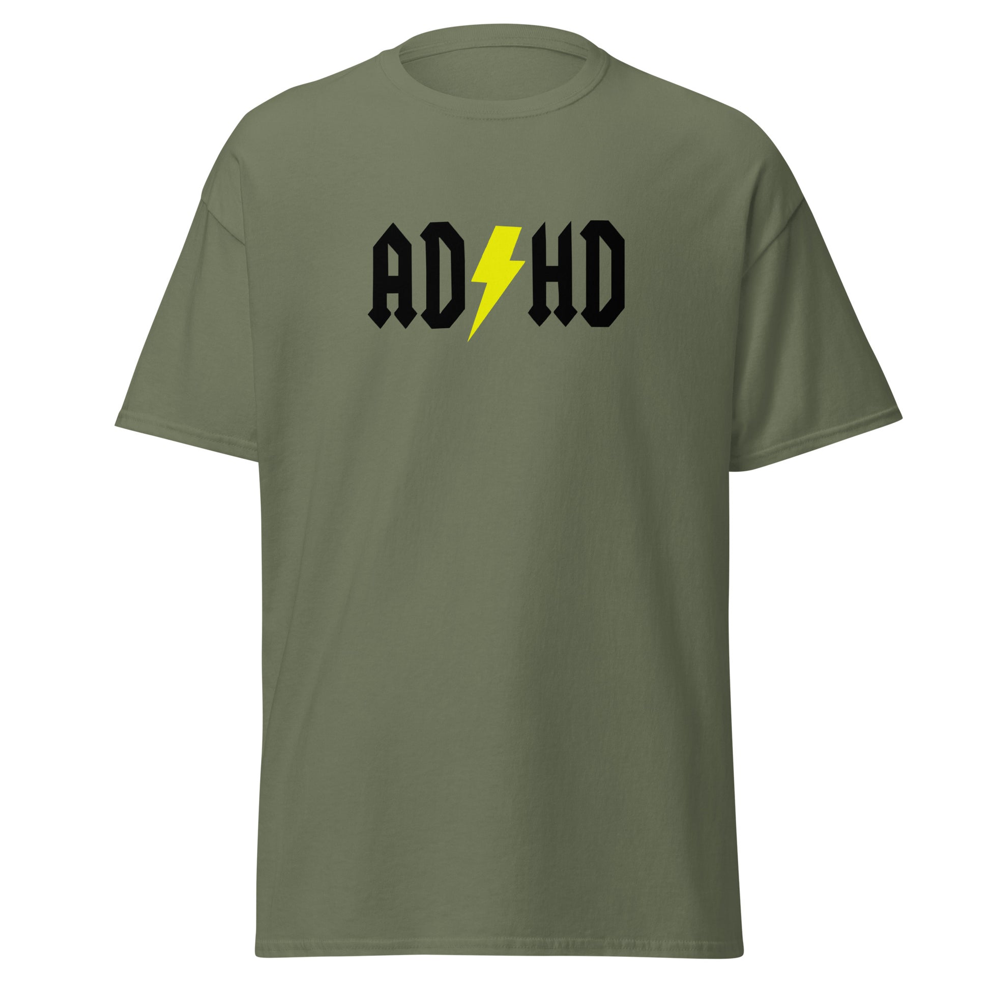 The ADHD T-Shirt by FunnyDripStore features ADHD in bold white letters with a yellow lightning bolt as the second H, styled like the AC/DC logo—a great gift for anyone who loves funny graphic tees.