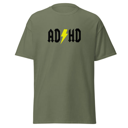 The ADHD T-Shirt by FunnyDripStore features ADHD in bold white letters with a yellow lightning bolt as the second H, styled like the AC/DC logo—a great gift for anyone who loves funny graphic tees.
