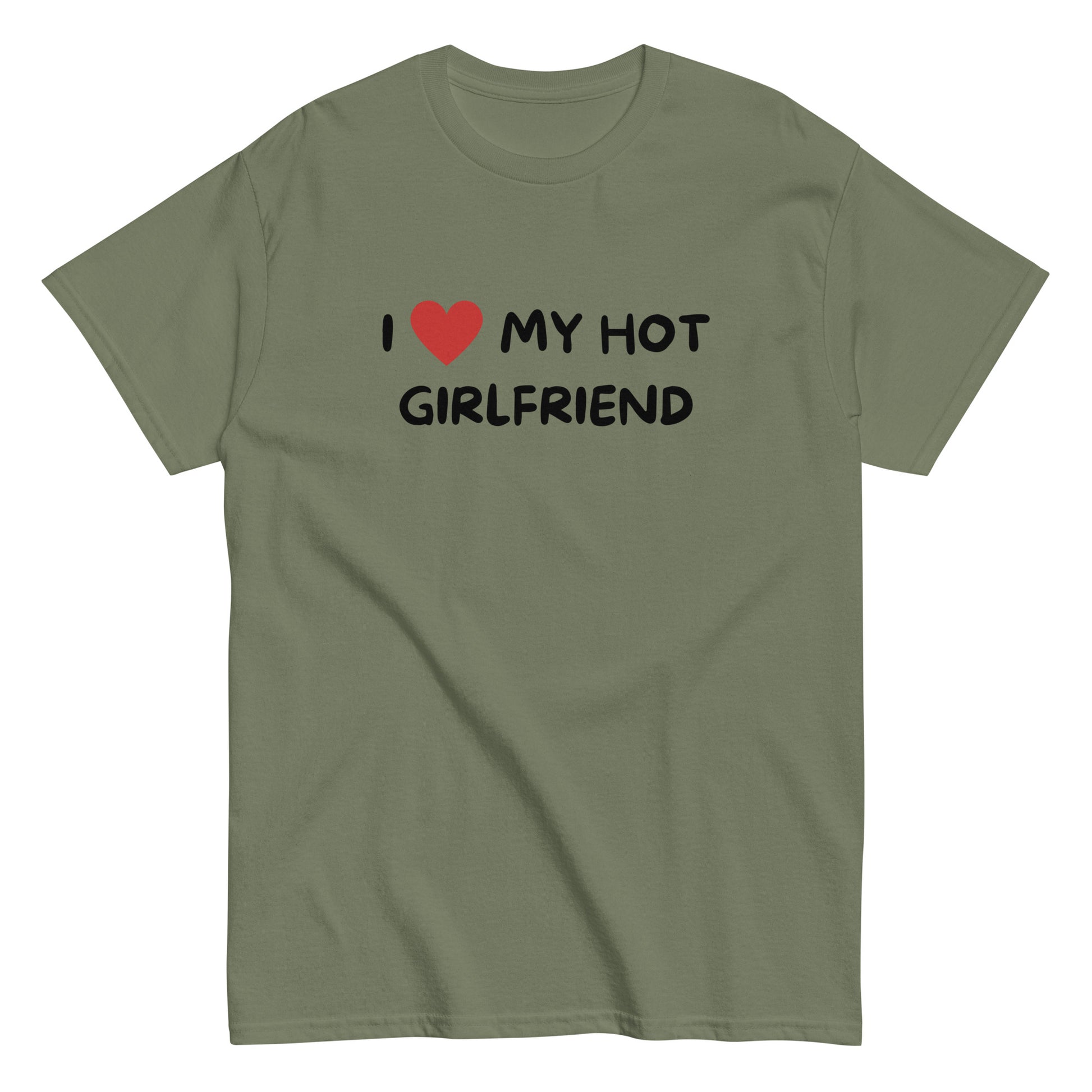 The I Love My Hot Girlfriend T-Shirt by FunnyDripStore features bold white lettering and a red heart on a purple shirt—a fun, standout choice for anyone who loves quirky and eye-catching clothing.