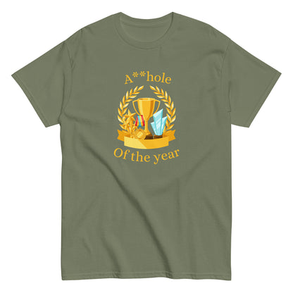 The A**hole Of The Year T-Shirt by FunnyDripStore features a black design with a gold trophy, medals, laurel wreath graphic, and bold yellow text. Perfect funny merch for anyone who loves standout humor.