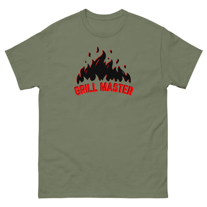 The Grill Master T-Shirt by FunnyDripStore: a yellow tee with black flames above bold red GRILL MASTER text—funny merch perfect for any BBQ lover.