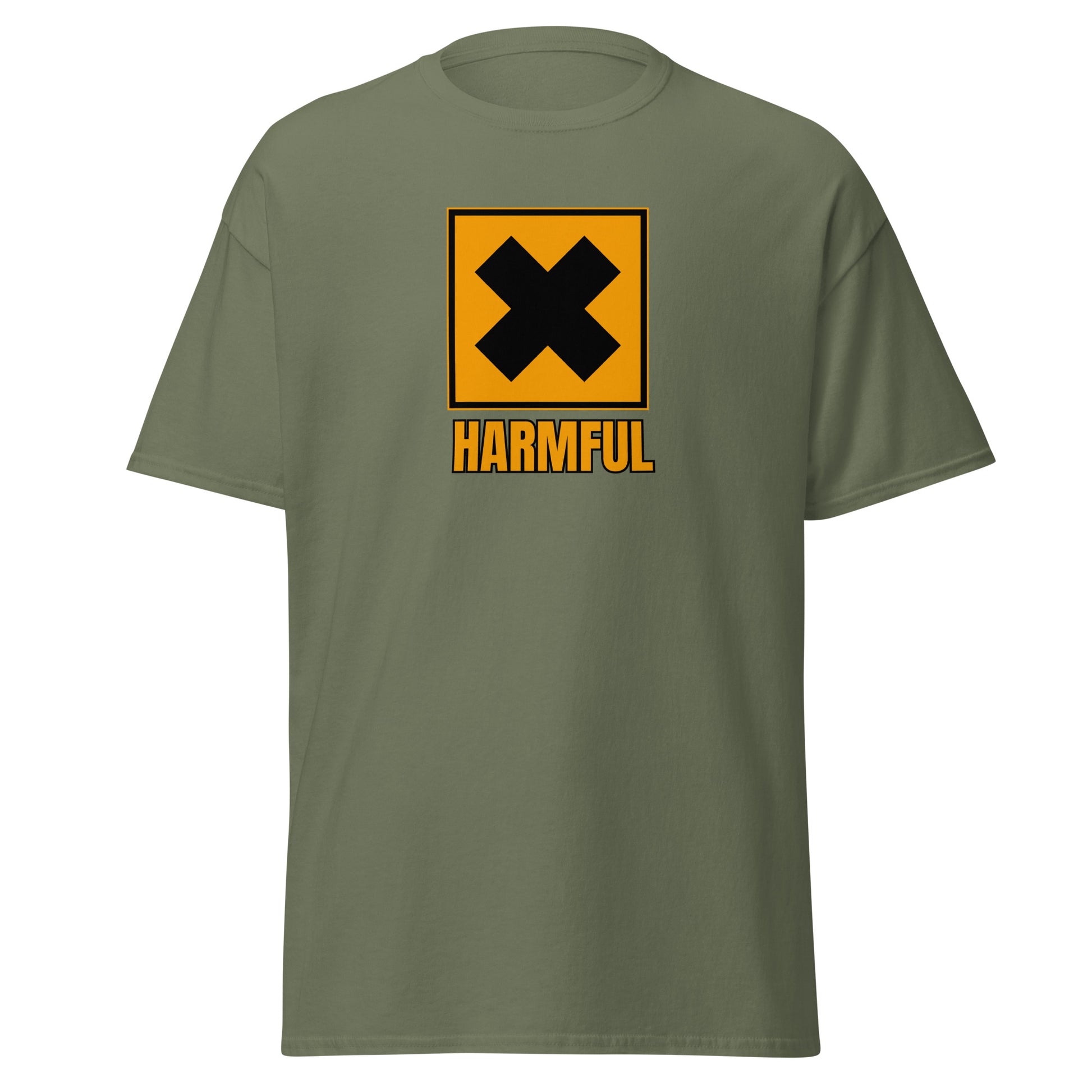 The Harmful T-Shirt by FunnyDripStore is a yellow meme shirt with a bold black X in a square above HARMFUL in black letters on the chest.