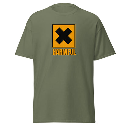 The Harmful T-Shirt by FunnyDripStore is a yellow meme shirt with a bold black X in a square above HARMFUL in black letters on the chest.