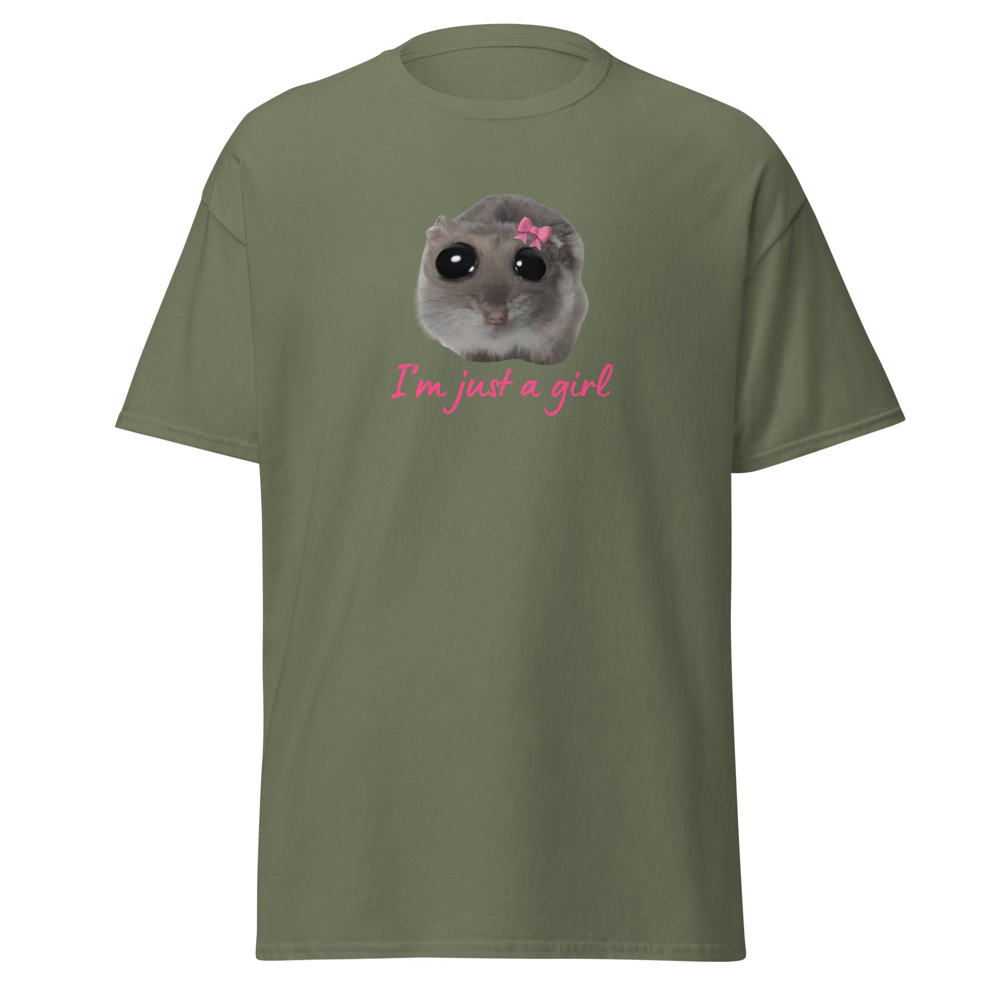The Im Just A Girl T-Shirt from FunnyDripStore features a cute hamster with a pink bow and large eyes, plus “Im just a girl” in pink cursive—perfect for anyone who loves adorable, quirky text shirts.