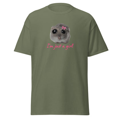 The Im Just A Girl T-Shirt from FunnyDripStore features a cute hamster with a pink bow and large eyes, plus “Im just a girl” in pink cursive—perfect for anyone who loves adorable, quirky text shirts.