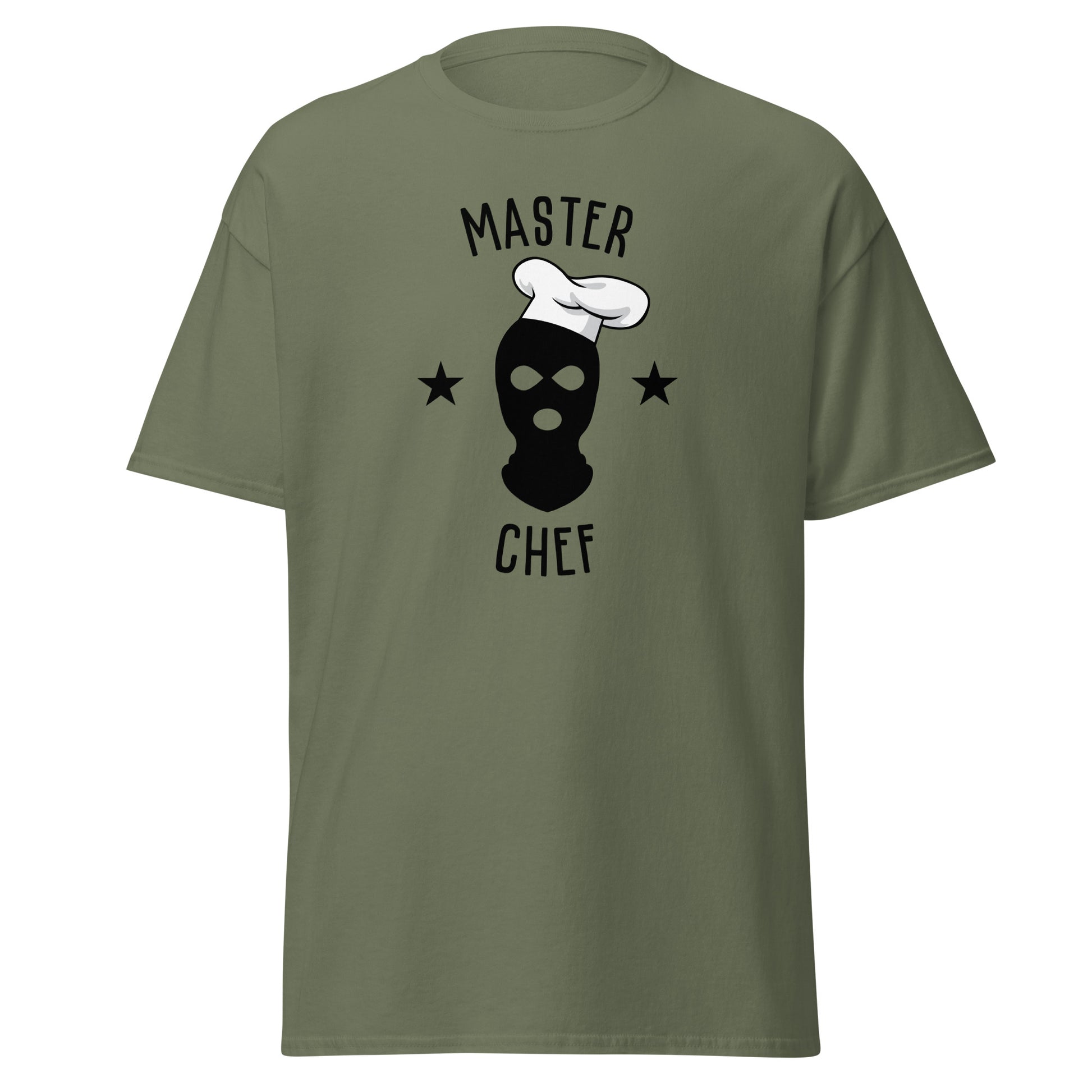 The Master Chef T-Shirt by FunnyDripStore features a black ski mask in a chef’s hat, two black stars, and bold “MASTER CHEF” text above and below the graphic.