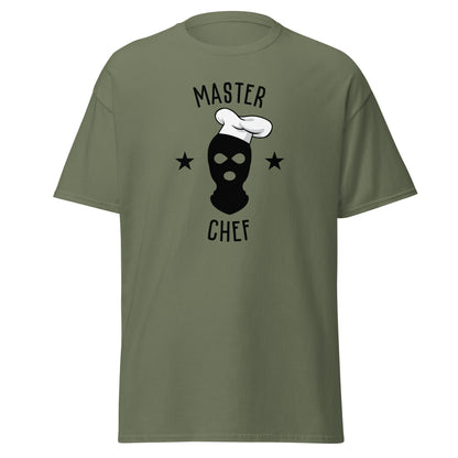 The Master Chef T-Shirt by FunnyDripStore features a black ski mask in a chef’s hat, two black stars, and bold “MASTER CHEF” text above and below the graphic.