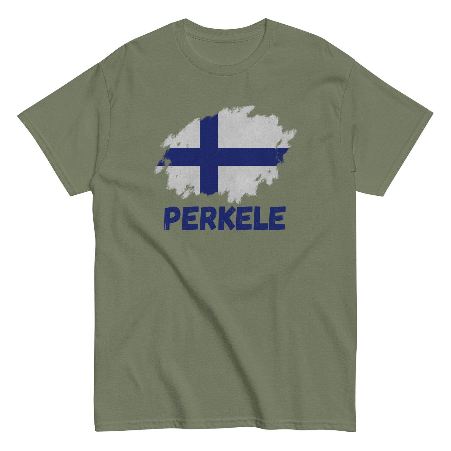 The Perkele T-Shirt by FunnyDripStore features a white design with a brushstroke Finnish flag above bold blue PERKELE text—a unique, funny tee for fans of quirky merch.