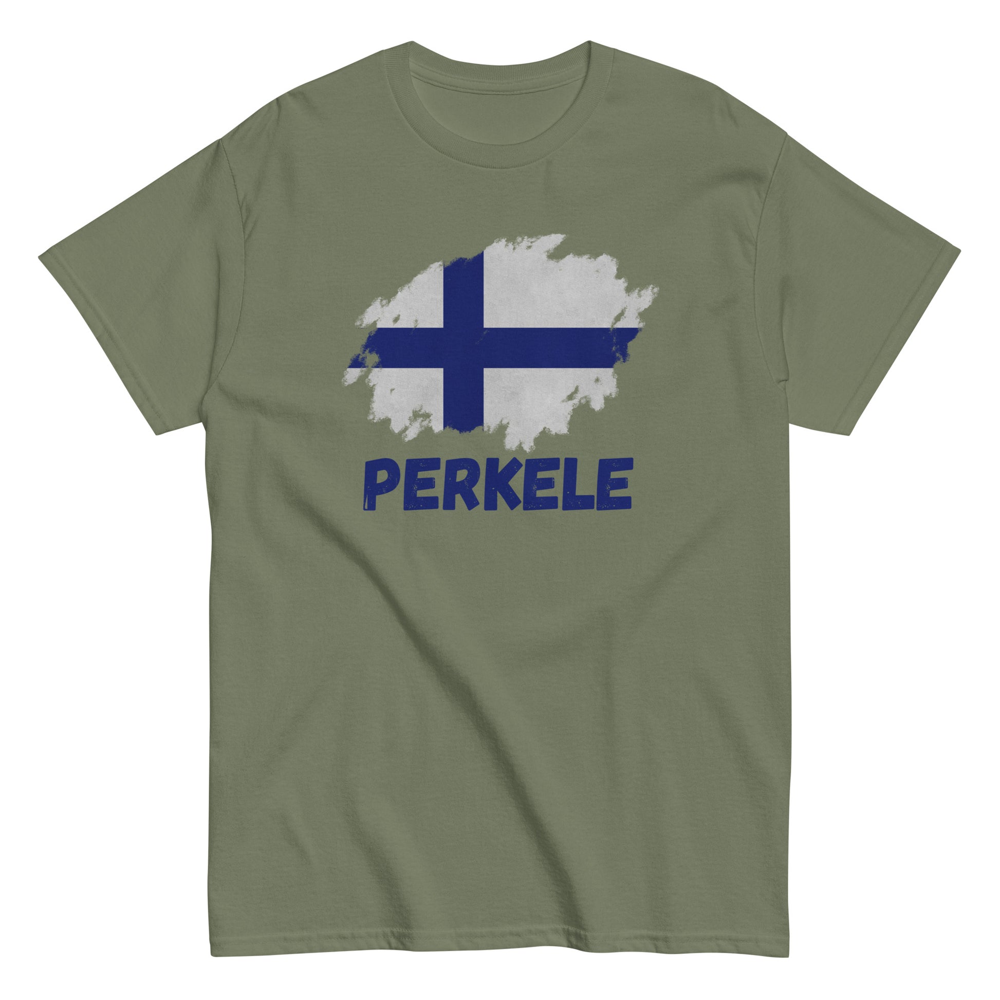 The Perkele T-Shirt by FunnyDripStore features a white design with a brushstroke Finnish flag above bold blue PERKELE text—a unique, funny tee for fans of quirky merch.