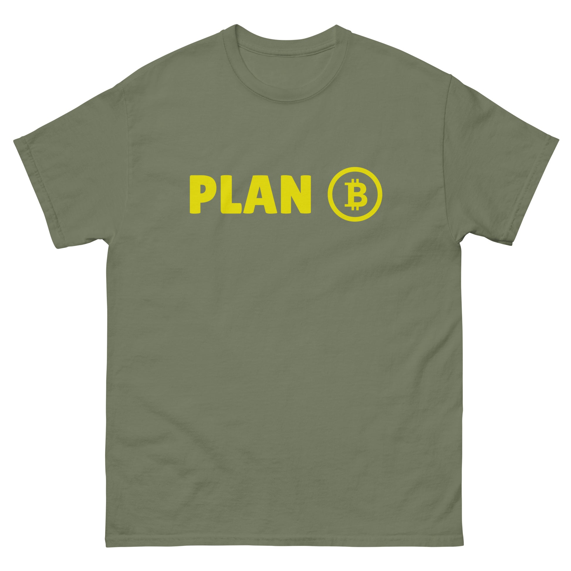 The Plan B T-Shirt from FunnyDripStore features PLAN in bold yellow letters and a yellow Bitcoin symbol inside a circle on the chest—a fun meme shirt perfect for fans of funny clothing.