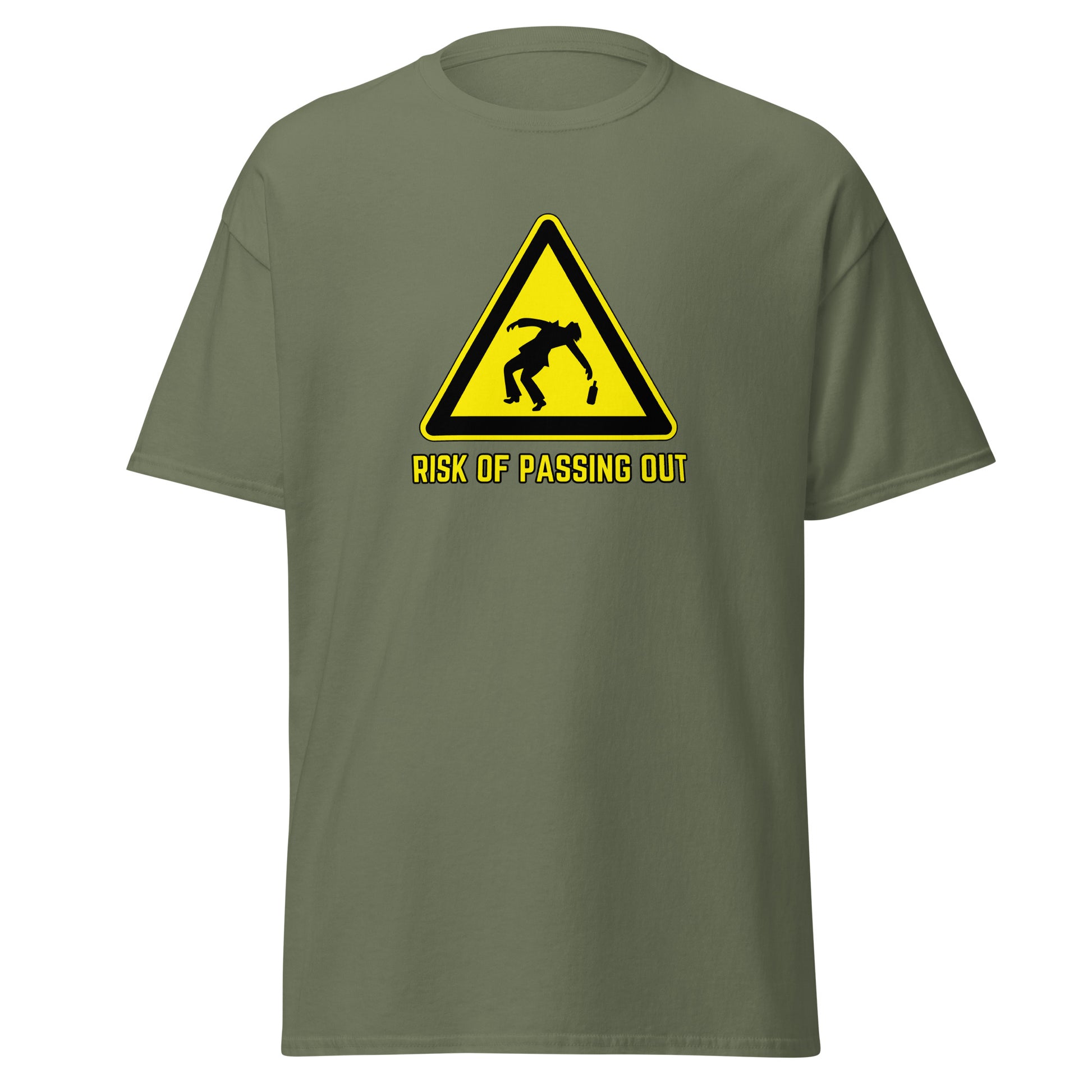 The Risk Of Passing Out T-Shirt by FunnyDripStore is a black tee with a yellow warning sign and “RISK OF PASSING OUT” text—a perfect meme shirt for fans of bold, humorous style.