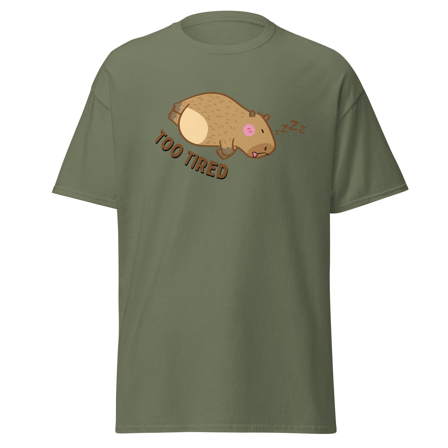 The Too Tired T-Shirt by FunnyDripStore is a white tee with a cute cartoon capybara sleeping on its side and TOO TIRED text—ideal for fans of funny clothing and charming, sleepy vibes.