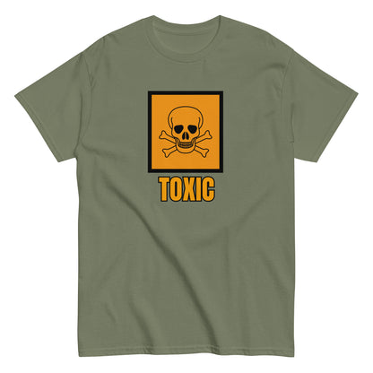 The FunnyDripStore Toxic T-Shirt features a bold yellow square with a black skull and crossbones above TOXIC in yellow on the front. This black meme shirt is perfect for those who love humorous clothing.