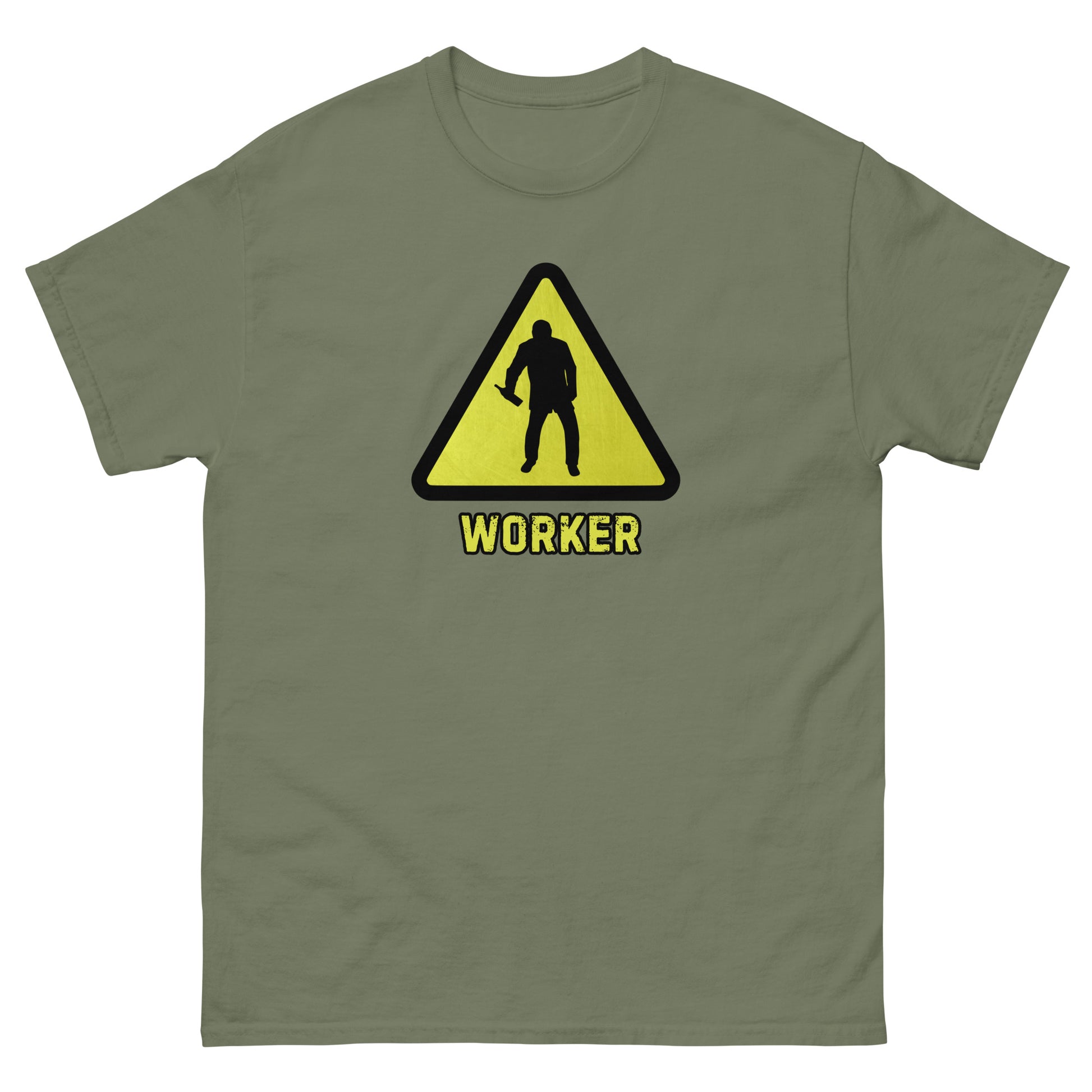 The Worker T-Shirt by FunnyDripStore features a yellow triangular warning sign with a worker silhouette and bold yellow WORKER text on black—a funny shirt for anyone who enjoys meme apparel and humorous graphic tees.